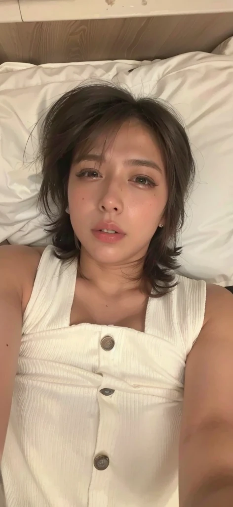 ((Best image quality, 8K, tmasterpiece: 1.3)), sharp focus: 1.2, A cute beauty with a perfect body shape: 1.4, slim, ((big breasts: 1.4)), ((Rambut cokelat hitam)), (Beautiful set, Very detailed face, happy expression, was lying on the bed,with a brown background,production with a primary focus on women), Very detailed facial and skin textures, Detailed eye, double eyelids, Attract, golden ratio, (detailed face: 1.4), Energetic