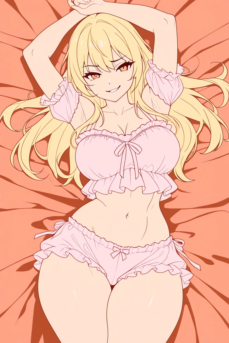 Dark skin girl laying down spread legs , fit, blond long flowing hair , smiling , blushing , small snow leopard ears , red eyes , suductive smile , freckles, sexy pose , wearing a skimpy dress with no panties