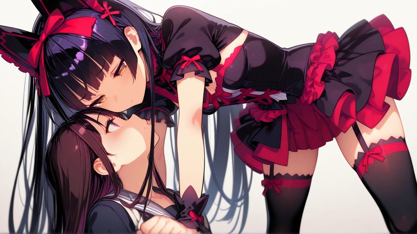 Rory Mercury, Rory Mercury, Black Hair, Blunt bangs, Hime cut, hair ornaments, Red lipstick, Long Hair, Cute face, compensate, (Small box:1.2), (Red eyes:1.5), break Gothic underwear, Perfect body (Small breasts:1.3), break in full growth, Red Shoes, break Black Stockings, Black Gloves break, Black thighs, Garter Straps, gloves, Gothic, Hair Ribbon, Gothicファッション, puffy Short sleeve, Puffy sleeves, Short sleeve, tights, tights, looks at the viewer, break (masterpiece:1.2), Highest quality, High resolution, unity 8k wallpaper, (Illustration:0.8), (Beautiful details in the eyes:1.6), Highly detailed face, Perfect lighting, Highly detailed CGI, (Perfect Arms, Perfect Anatomy), (white background:1.5), I have nothing in my hands, 1girl, whole body, Confused eyes