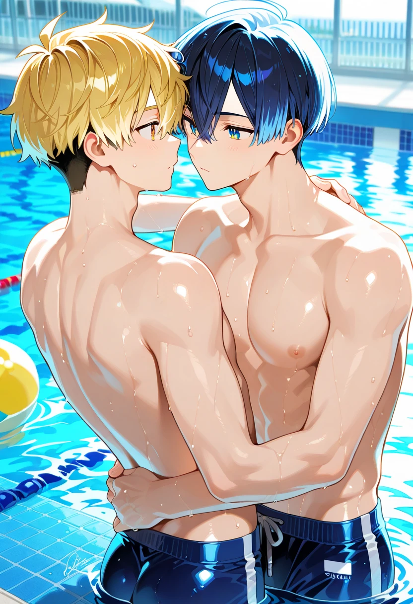 abs bishonen 18years-old 2(((guy))),NSFW,spread legs,(((wet))) ss size blue and white speedo,show off ass,wet,sweat,steam,blash,in heat,grab ass,aside speedo,blueeyes,masterpiece,from side back ,(((gay))),tan-skin,male speedo tanline,oil,looking back, score_9, score_8_up, score_7_up,yaoi,bl,hug kiss,handjob,cock ring, best quality, official art, official style, anime_cap, game cg, megami magazine,