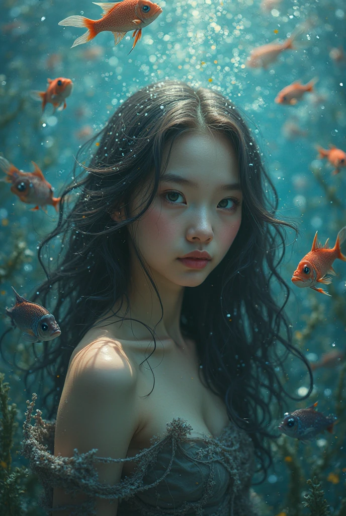 An 8K photo of a young Korean woman with wet hair underwater. She has bright blue eyes and is surrounded by orange goldfish. The background is blurred and contains plants. The photo has a dreamy atmosphere and soft lighting.