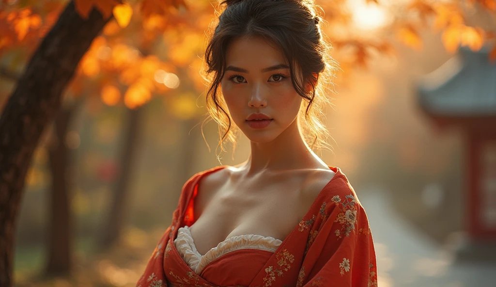 Beautiful woman、Japanese tradition、(Very large breasts)、kimono、Spectacular views、Suspicious atmosphere、Cinematic atmosphere、(best quality,4K,8K,highres,masterpiece:1.2),ultra-detailed,(realistic,photorealistic,photo-realistic:1.37)、Dim lighting、whole body、forest、forest、Dim lighting、(looking at viewer),Realistic、Like live action