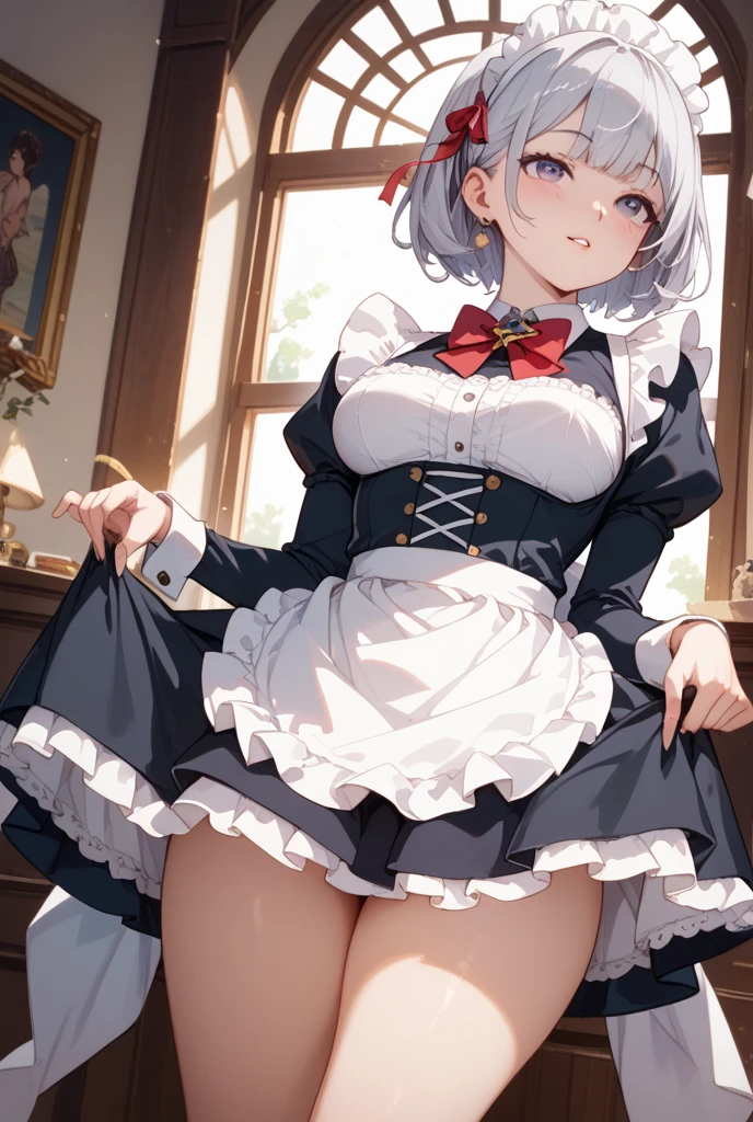 NSFW, Raw photo, highest quality, High resolution, realistic, Young Japanese Girl, 12 years old,Glasses
,  full body, blank, model, big breasts, short hair, wavy hair, curly hair, gray hair, silver hair, light brown hair, Are standing, ((thin thighs)), diagonal bangs, cute face, shiny skin, beautiful body, beautiful skin, concentrated , naked from below, (school uniform, Lead Bowtie, Black pinaphore dress, Corsets with attention to detail, gothic, ruffle dress, Beautiful embroidery, (long skirt:1.2):1.4),  (Use your hands to lift your skirt:1.3) show, underwear, simple underwear,Glasses