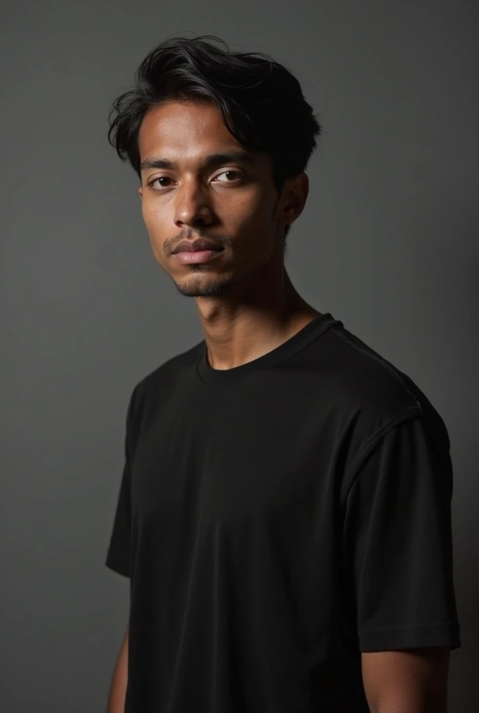 A cute 19 years old indian boy , photoshoot, white background with green plants , simple pose , rough dry face skin , full body view , black shirt