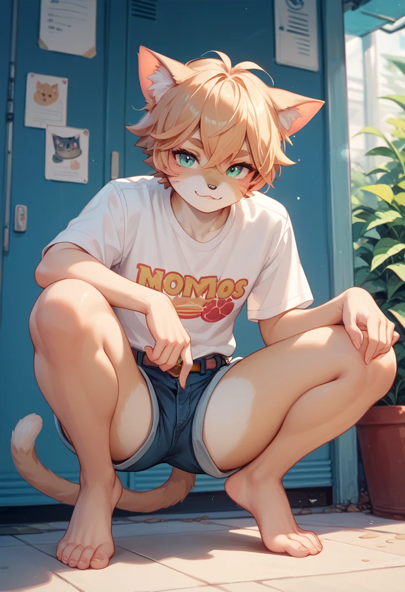 Blue pupils, Milky white hairy body, Light furry tail, Boy Cat,Beautiful wallpaper,P station popular style,Uma personagem,,cute,Hairy calves,Traditional style,Blush Blush,Exquisite clothes, Male characteristics,masterpiece,high resolution,8K, Open clothes,Male focus