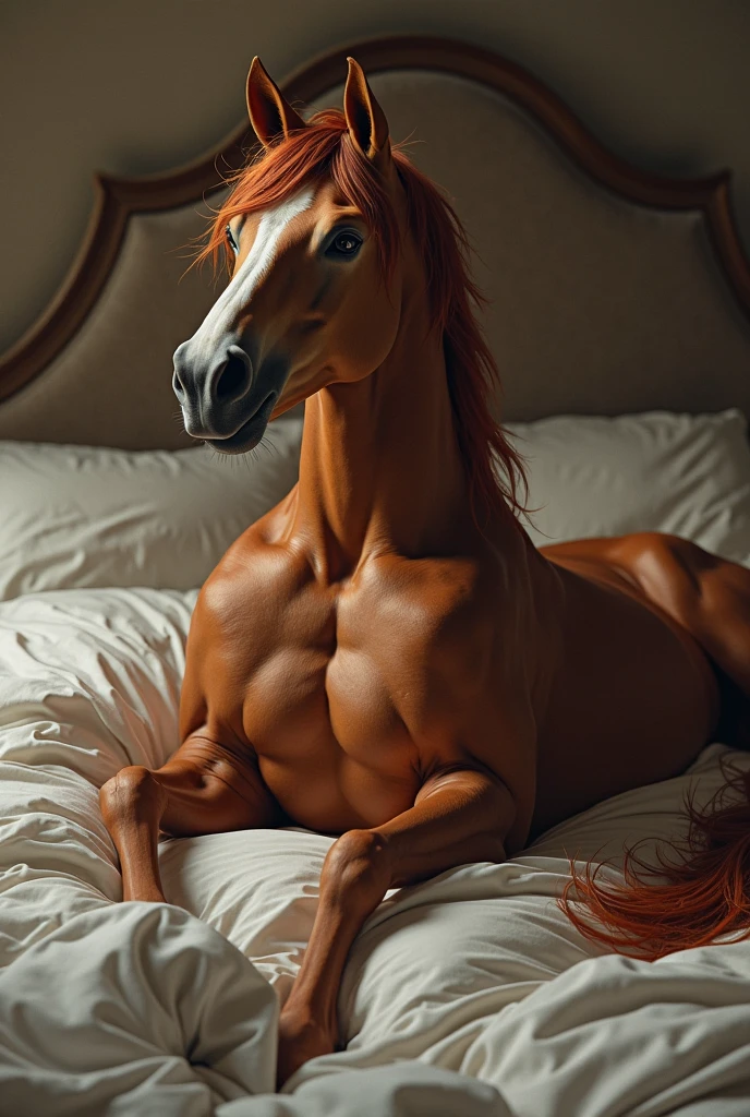 Male , white body, white skin, equine, anthro unicorn, Muscular, femboy, solo, thin waist, small waist, thick thighs, round ass, hourglass figure, pink hair, smile, seductive pose, naked, horse penis, balls, submissive, presenting butt, back view, lying on bed, looking back at viewer, backsack, spread butt, visible anus, high angle view
