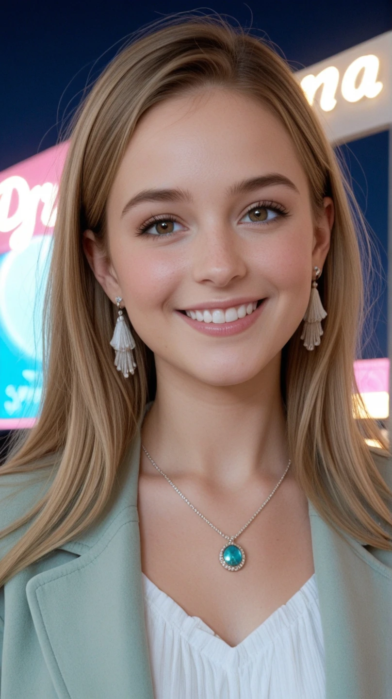 mulher, americana, 25 anos, pale skin and freckles, olhos cinzas, nariz delicado, soft and delicate lips, longo, cabelo blondie longo e ondulado na altura da cintura, sorriso meigo, face with delicate feminine facial features, altamente renderizado