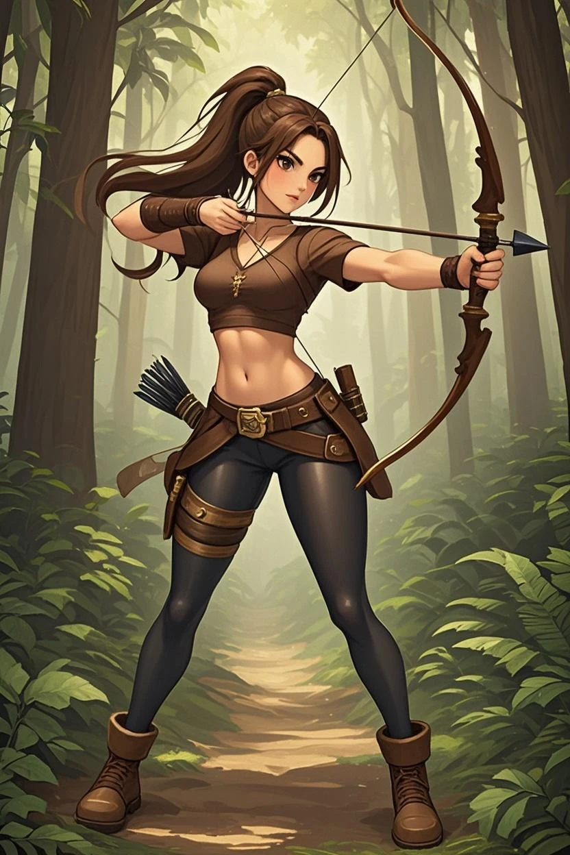 a ((native american elf)). She wears a brown leather bikini, fur cloak, fur boots, fur bracers. (((native American))), 1woman , curvy, slim waist. ((black hair)), long hair, coco skin, Dark skin, brown eyes. (detailed eyes, detailed face), smile, red lips. Square jaw, high cheekbones, strong jaw line. holding a bow and arrow, heroic shooting bow pose, holding a bow, holding bow and arrow, with bow and arrow, holding a bow and arrow, synthetic curves striking pose, wielding a bow, woman holding recurve bow, archer bow, shooting pose. Forest background, sunlight shining through the trees. Lush green Forest. Dirt path under her feet.