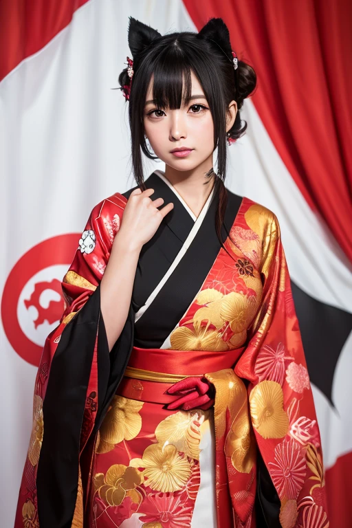 Araki woman in kimono sits on a bench in the room, komono, Japanese kimono, red kimono with flower patterns, red kimono, traditional japanese, in a kimono, Japanese clothes, japanese-inspired, yukata clothing, wearing royal kimono, Wearing a kimono, classy yukata clothing, in a kimono, komono, Japanese model, wearing kimono armour,Gorgeous atmospheric picture