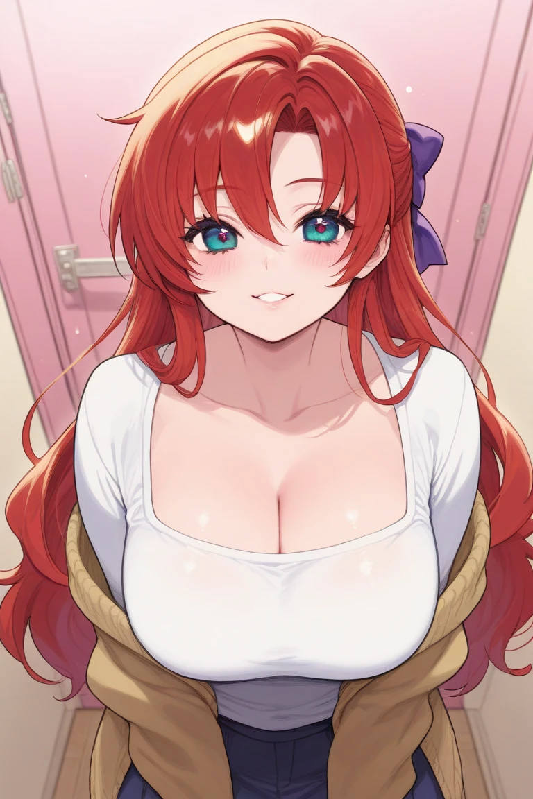 elysia, long ginger hair, beautiful face,smiling,close up upper body, moderate breast, sitting on bed, wearing beautiful white sleepwear, (open mouth:0.4),illustration,detailed textures(realists),ultra-detailed,portrait style,vivid colors,soft lighting, blushing, mature, no bras