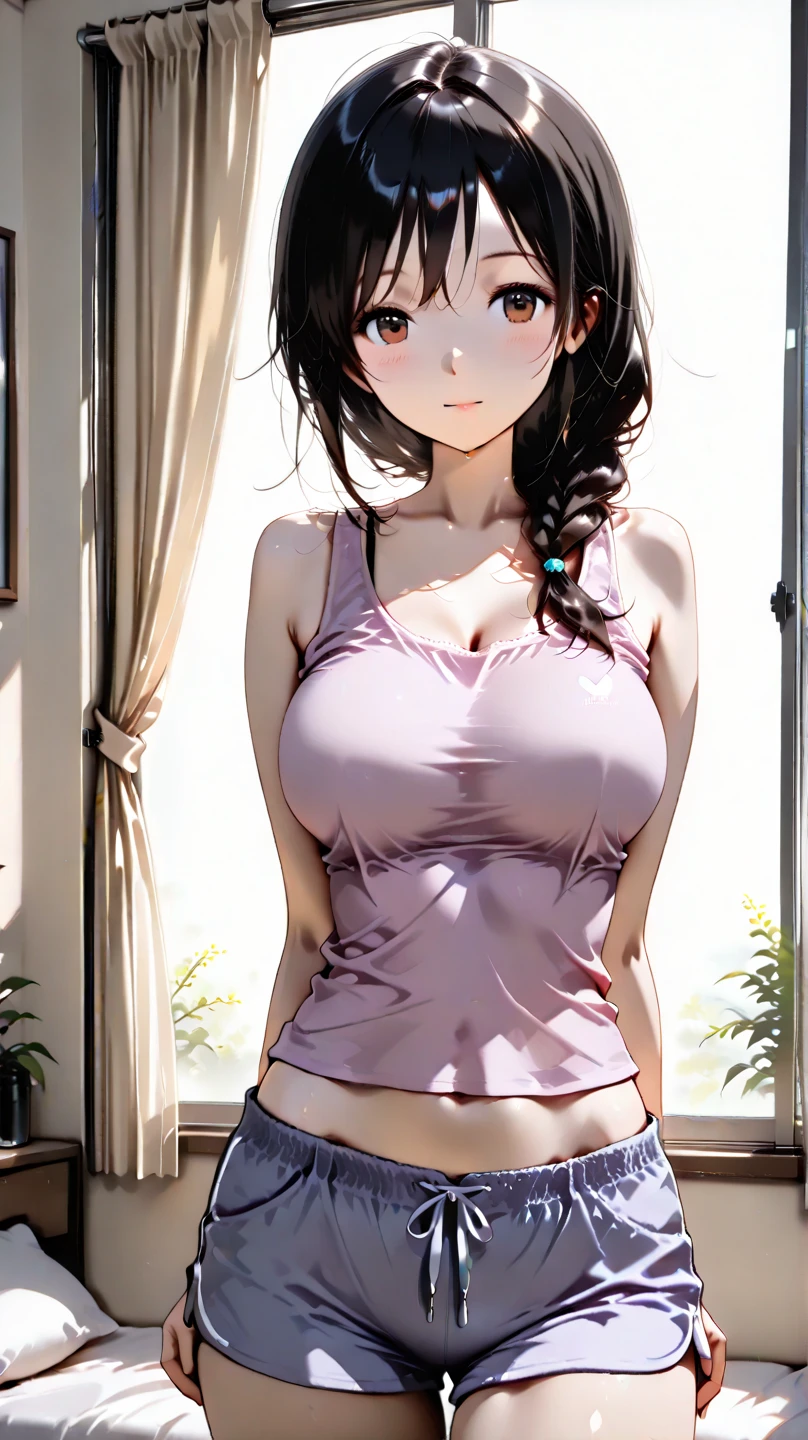 (masutepiece: 1.3), (max resolution: 1.2), (Ultra HDTV: 1.2), cinematric light, 8K resolution, Detailed eyes and skin, detailed facial features, Perfect limbs、Perfect fingers、Anatomically accurate body, Fingers in natural shape, Realistic texture, (Sharp Focus: 1.2), Perfect Style, (Beautiful face, kawaii eyes, Clear eyes, realisticeyes), acurate, Anatomically correct, Highly detailed facial and skin texture, Detailed eyes, Double eyelids, Thin eyebrows, glitter eyeliner: 1 Natural cheeks, Glossy skin, Fair skin: 1.2, (Glossy lips: 1.4), (Shy look: 1.2),Highly detailed facial and skin texture, Detailed eyes, Double eyelids, Natural cheeks, shiny lips:1.4), cleavage of the breast, Full body like, ((sitting on the floor, open legs)),  (red blush, embarrassed from:1.3), (shiny lips: 1.1), (large breasts:1.5), Round Breasts, Neat and clean girl, 20yr old, 1 persons, cute, happy, Adult, bangs flowing diagonally, Brown hair, (pastel camisole, thin:1.5), (random color panties:1.5), 笑って,sexy,