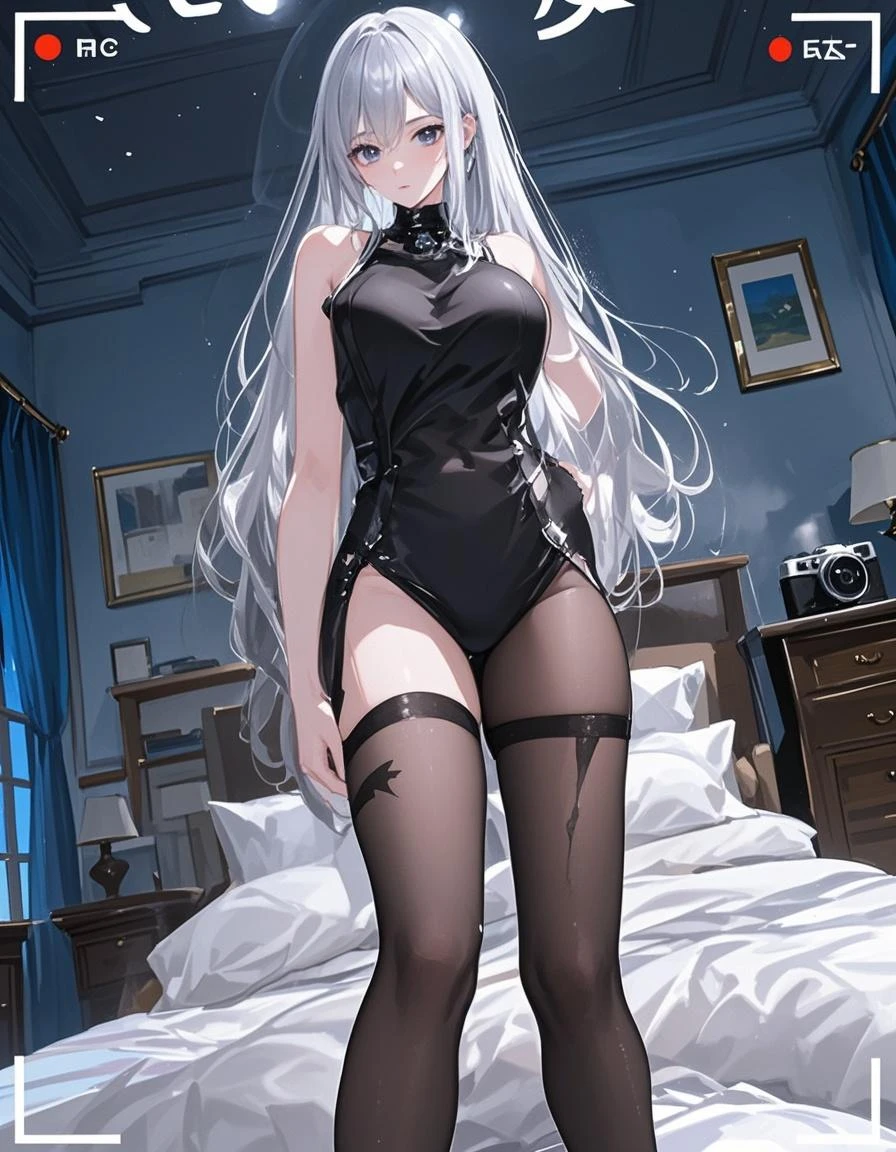1 girl! , ray tracing, (dim lighting), [detailed background (bedroom), (silver hair), (silver hair) (fluffy silver hair, plump and slim girl) (with high ponytail) alone in the bedroom, blonde eyes (wearing intricately embroidered black high-waisted pants with pantyhose) and white ruffled bow gloves), showing a delicate slim figure and graceful curves, correct limbs! Sitting on the bed, the facial features are delicate! Pay attention to the details of the position of the legs! High quality