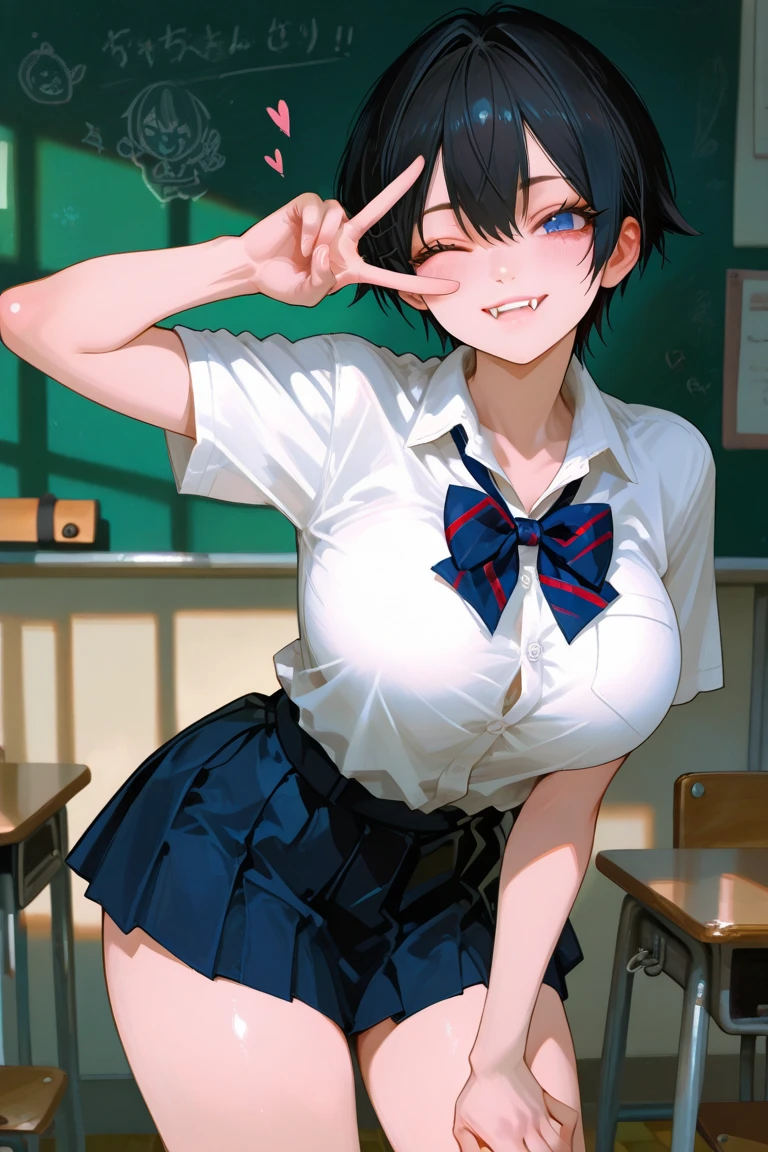 work of art, best qualityer, high resolution, 1girl horns short hair demon tail, white shirt black ascot black gloves black pants black vest lying on your back, sheet, arms up,blushed,face red,Hands behind the head,ssmile,Bblack hair,short thigh shorts,ssmile