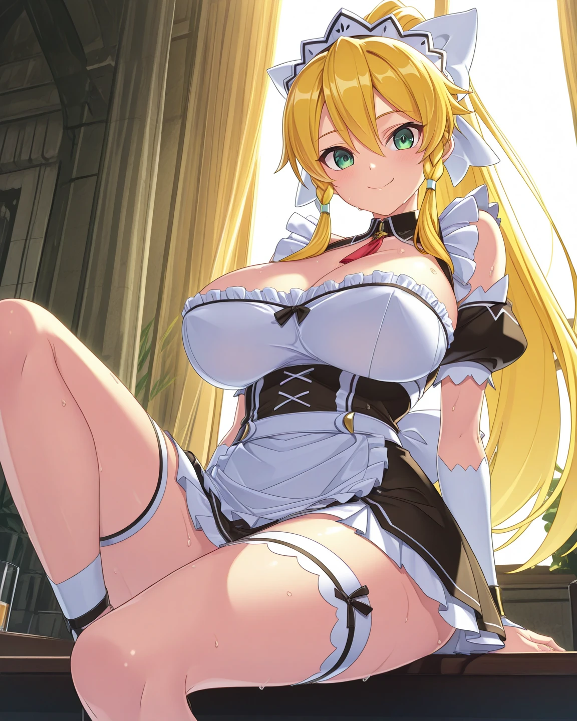 (best quality). (Ultra Detalhado). (1girl), Olhando para o Viewer. (Antecedentes detalhados). belos olhos detalhados. rosto delicado e bonito. (high saturation), seios grandes, droopy breasts, (((sexy maid lingerie))), (((white stockings))), (((long legs))), (((gigantic breasts)))