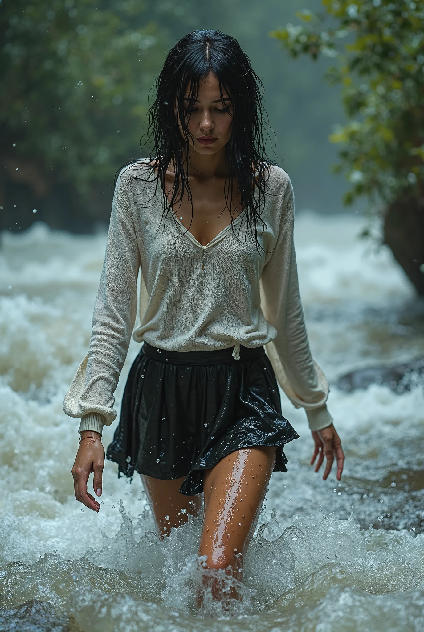 show a woman that is laying down in a river and wearing black track shorts on and a white see through t-shirt with her hair soaked, wet skin, soaking wet, drenched, wet hair, splashes of water, dripping water, super soaked, Soaked clothes, soaked shirt, soaked shorts, soaked hair, dripping water, dirty river, full body, oily clothes, soaked in oil, dripping oil, droplets, soaking wet body, Skin is showing through wet fabric, sunny, wet, sitting, clear water, muddy