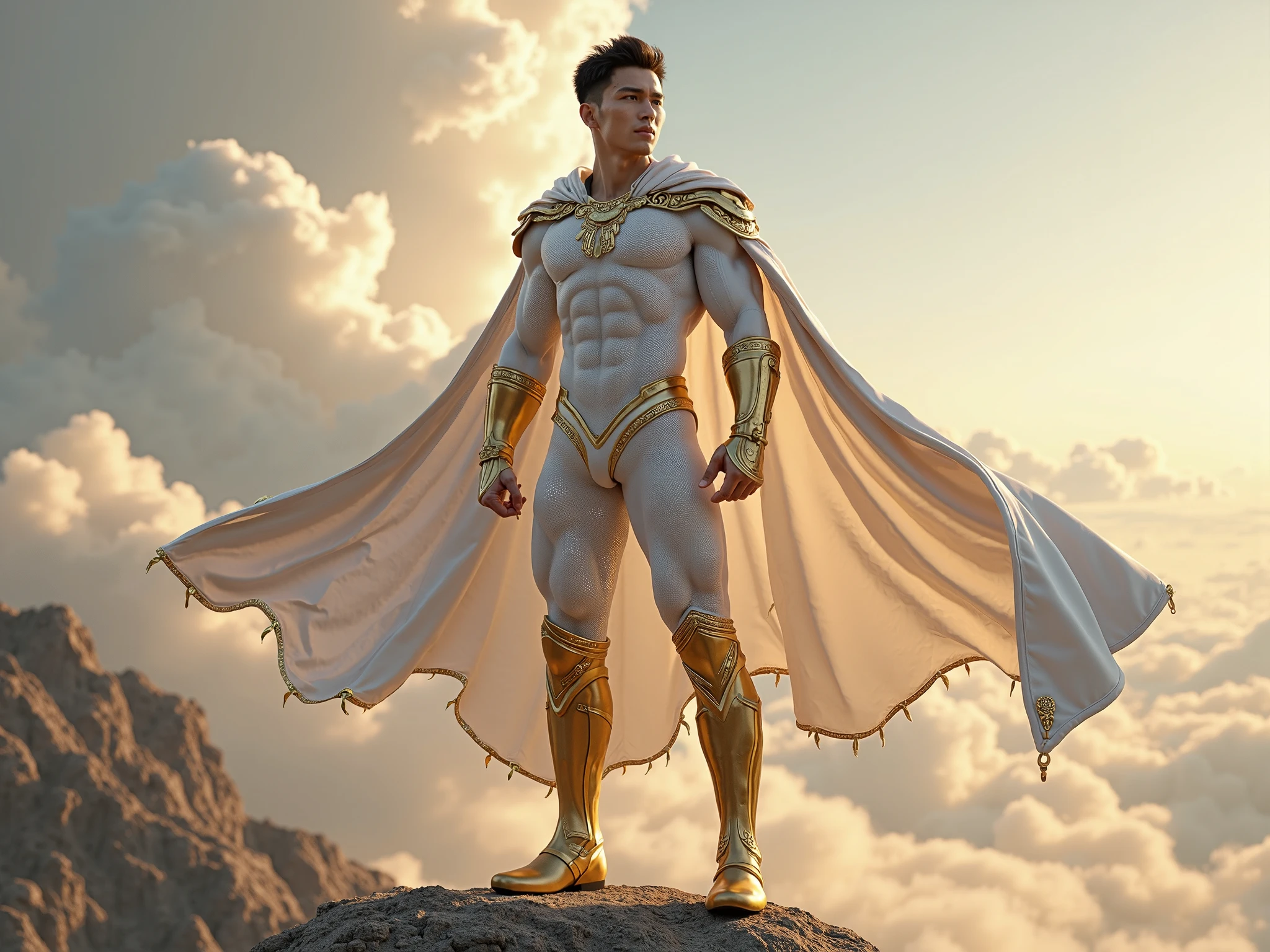 ((top quality, 8k, masterpiece: 1.3)), full body photo, wearing only underwear, thick gold necklace, (((upper body naked))), sneakers, tattooed ((Chinese handsome, handsome face)), 1 boy, handsome: 1.3, strong abs: 1.1, (golden lingerie, golden shining flakes), short hair, (standing on the grass), ultra-detailed face, highly detailed lips, detailed eyes, pale and translucent skin