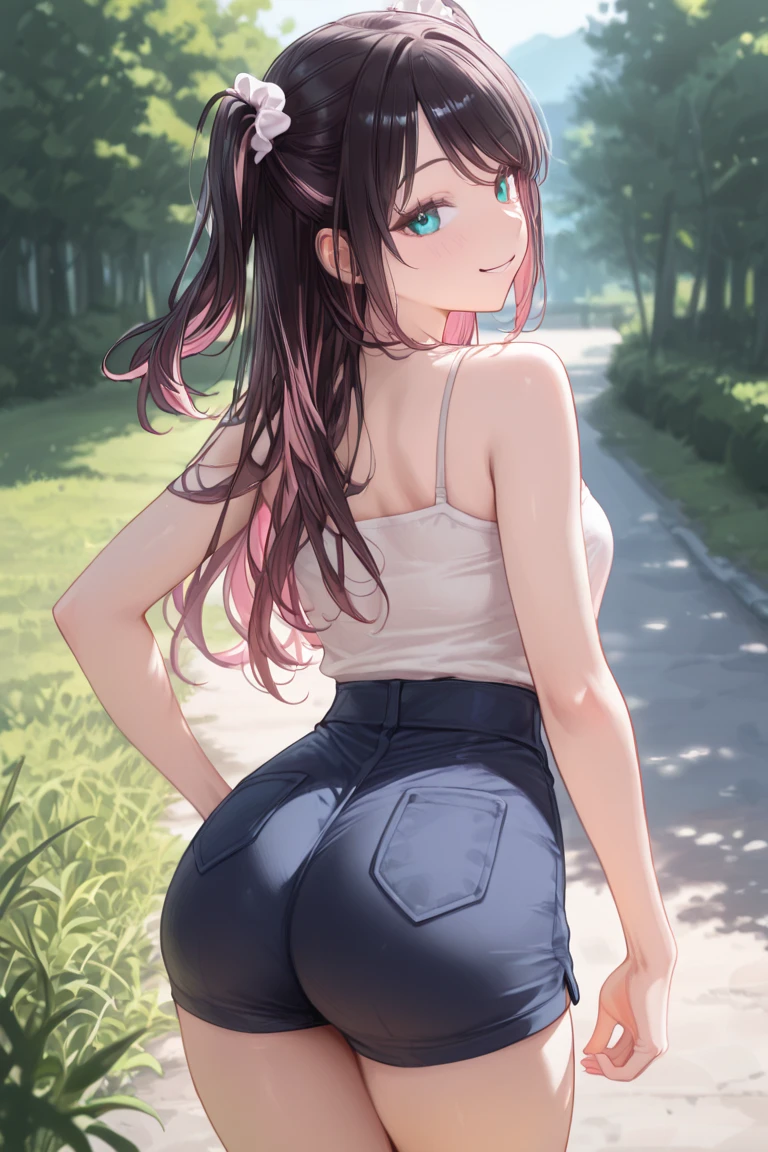 20 year old woman, busty, bubble butt, hourglass figure, skinny, blushing, tired expression, horny, exhausted, long hair, brown hair, wavy hair, wearing white tshirt, booty shorts, underboob, tight fitting clothing, in park, anime, flat colors, dynamic pose, running, sprinting, heavy make up, kissable lips, red lipstick, covered breasts