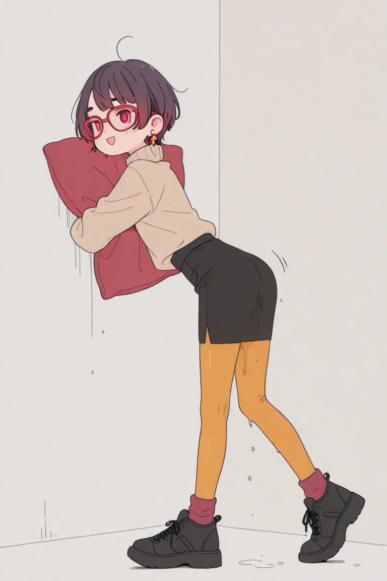 A man, femboy, clear skin, Slim and delicate body, pelo en un Alone moño, red hair red eyes, black sweatshirt, red string thong, fat ass, thick thighs, small penis, blushing, nervous expression, touching her butt, Alone,