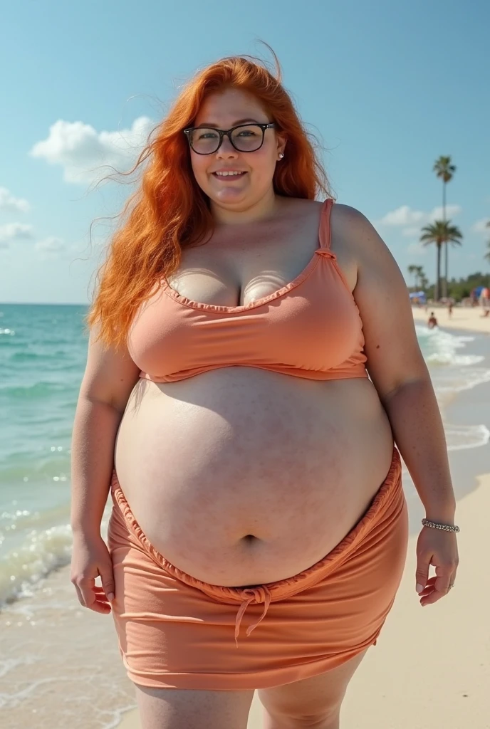 american woman, wavy red ginger hair, is wearing a red bikini with white stripes, and is pregnant, big belly, full stomach, and has a large bust, and wide hips, is on the beach.