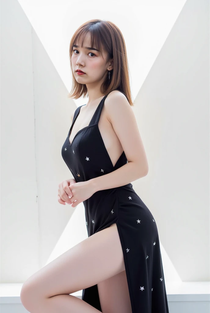 One 18-year-old Japanese woman、Japanese Idols、(backstyle:1.8)、highest quality, shape, Very detailed, finely, High resolution, 8k wallpaper, 完璧なダイナミックな構shape, finelyて美しい目, Natural Lip, Random sexy poses,RAW Photos,A symmetrical, beautiful, cute, and small face、Cabaret Dresses、(Highly revealing:1.8)、Long Hair、Curly Hair、One girl、