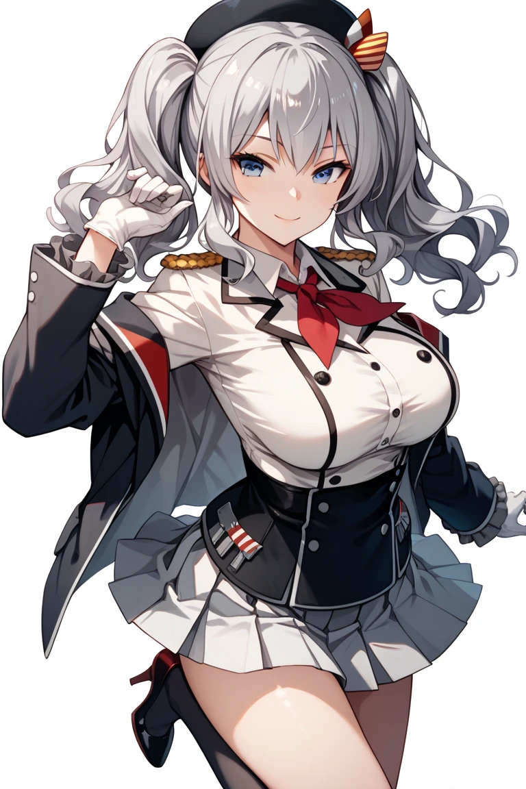 best quality, masterpiece, highres, solo, {kashima_kantaicollection:0.90}, 1girl, black_headwear, epaulettes, long_sleeves, looking_at_viewer, military_uniform, red_neckerchief, sidelocks, white_jacket, buttons, military_jacket, simple_background, pleated_skirt, smile, white_background, white_gloves, frilled_sleeves, miniskirt, black_skirt, cowboy_shot, blush, hair_between_eyes, upper_body