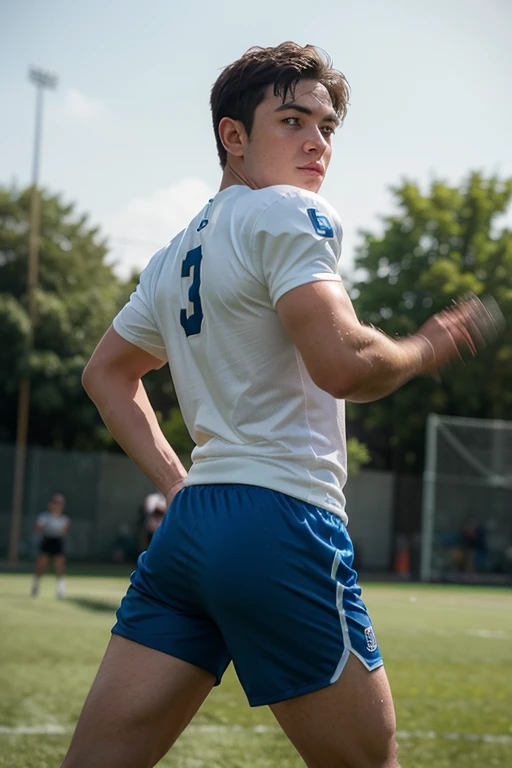 twink, teen, young, undercut hairstyle, soccer player, shirtless, skinny, shaved body, Nike long sport underwear, ,big bulge, full body picture, footbal pitch