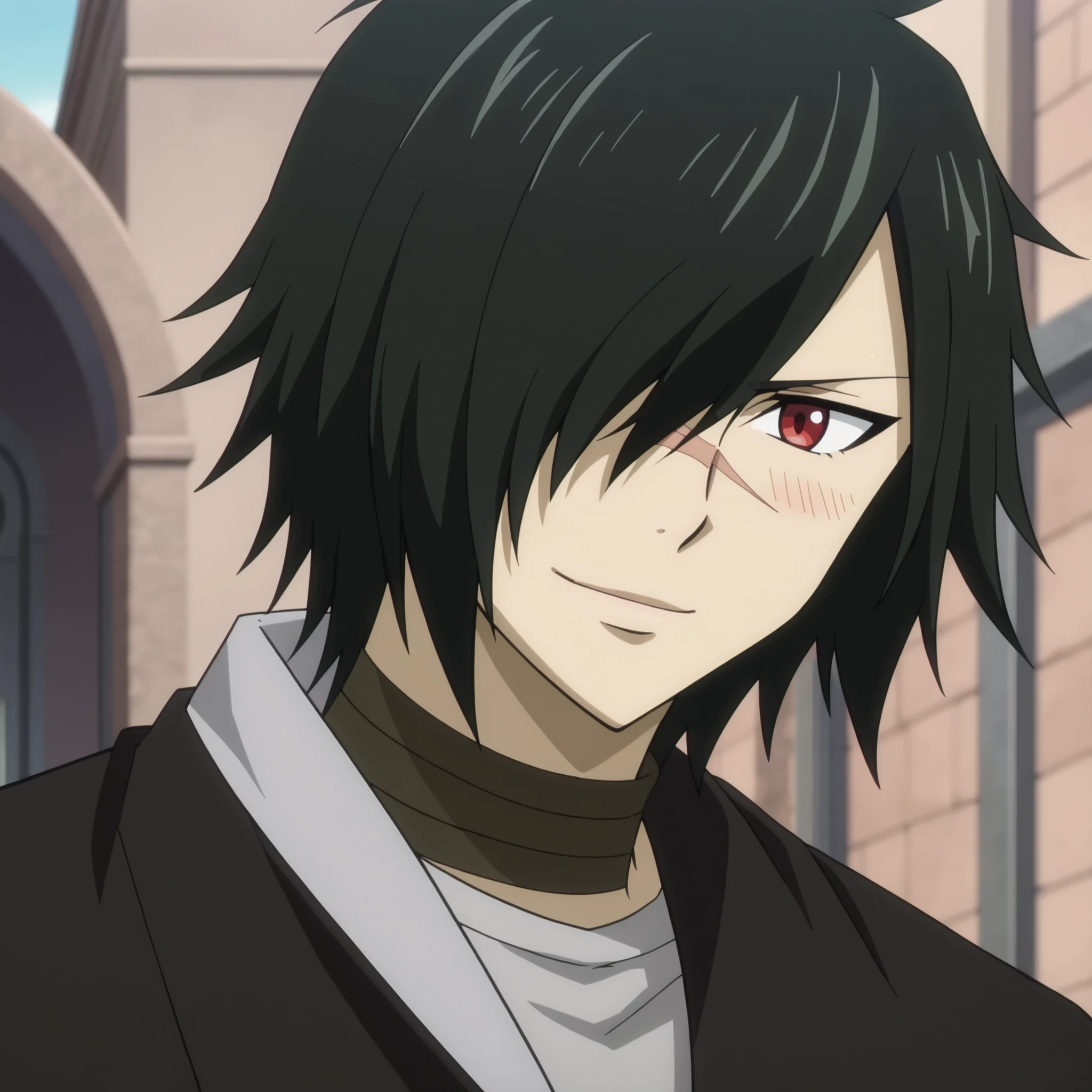 rogue_cheney, black hair, red eyes, hair over one eye, scar,rogue_cheney, black hair, red eyes, hair over one eye, scar tattoo close-up, official style, ((anime screencap)), 8K, extremely detailed, 1boy, solo, looking at viewer, black background , shadow , atmospheric perspective , intricately detailed , depth of field , masterpiece , best quality , amazing quality , very aesthetic , absurdres , newest, smile and blush,