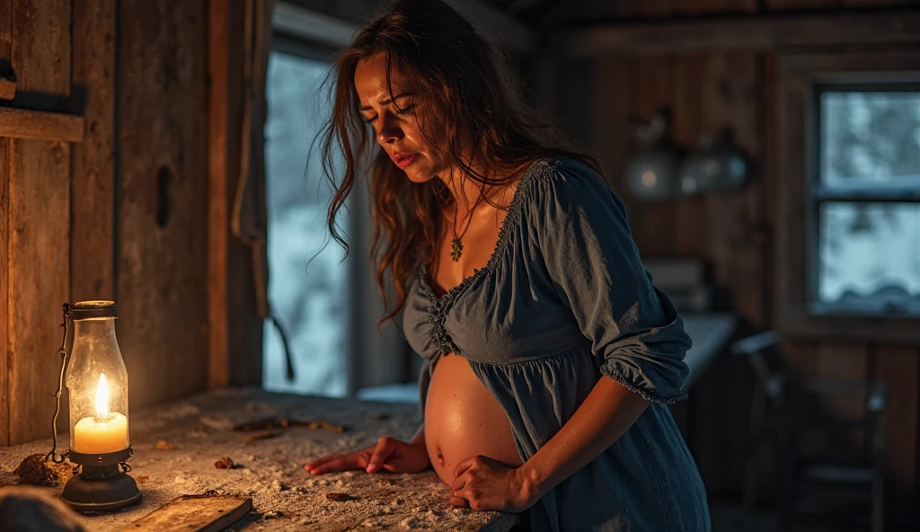 Sad pregnant woman in a simple shack with wood and tarps, sad moon night look