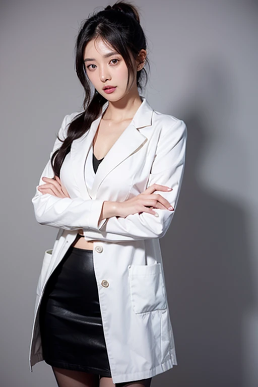 Realistic beautiful doctor、Stunning beauty、Doctor's white coat, Collared shirt、(Top quality、8K、32k、masterpiece、nffsw:1.3)、Ultra-high resolution,(Reality:1.4),Original Photography, Delicate face,,Beautiful hair, ((Doctor style)), , Black tight skirt、 Natural Makeup,, Full breasts、Inside the hospital, Detailed background, Perfect lighting, Depth of Field, Beautiful shadow gradient,Stethoscope ,