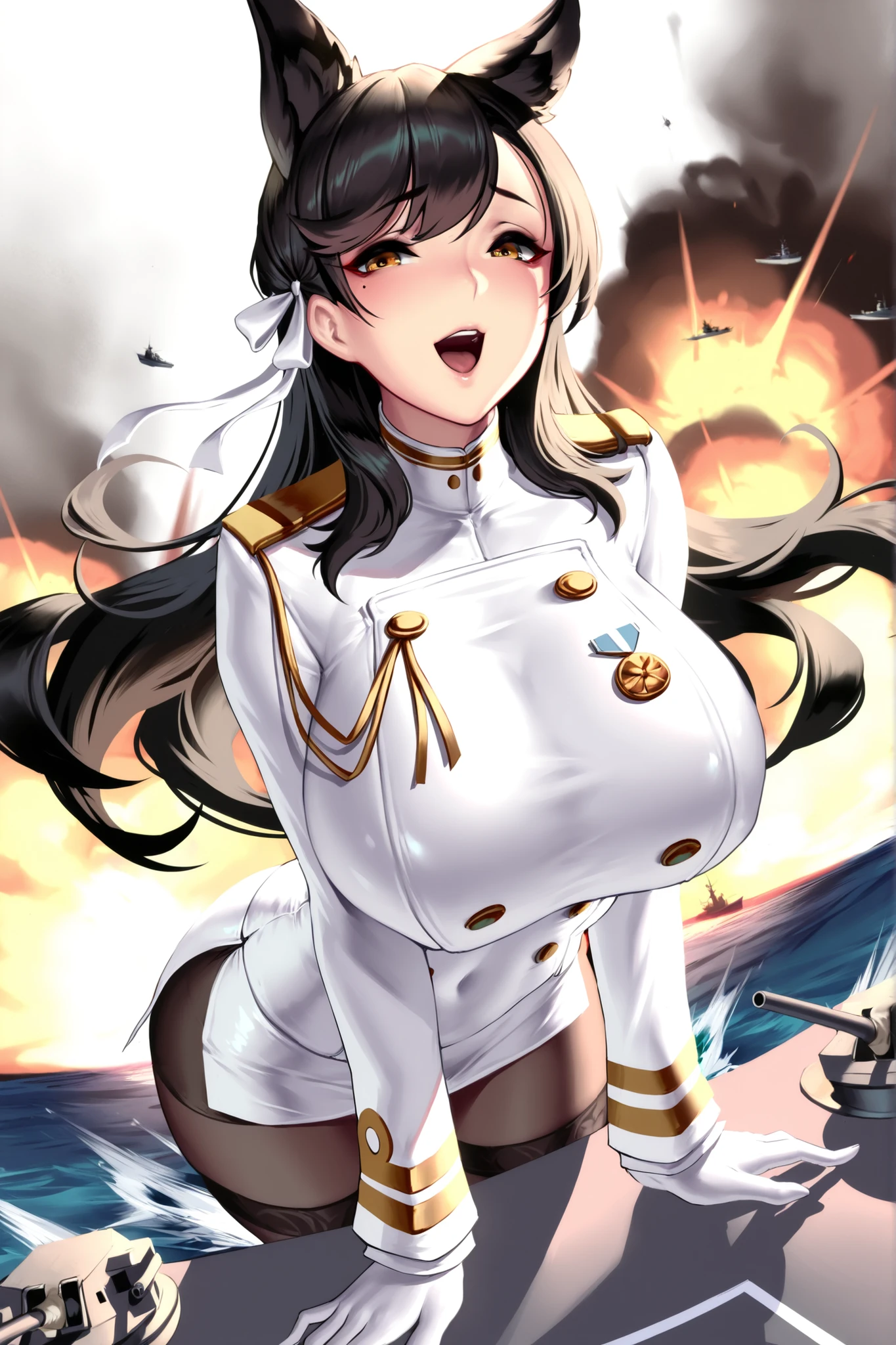 masterpiece, highest quality, Very detailed, 超High resolution, Realistic, 4K, 8k, highest quality, masterpiece, Best image quality, Very detailed, 超High resolution, Realistic描写, anime, comics, masterpiece, highest quality, High resolution, (((1 girl)))、(Huge Saggy Tits 1:2),((Brown Hair))、((Long Hair))、((White Uniform))、((Murrue Ramius))、((Gundam Seed))、((((Squat))))、((((Leg spread))))、(((arms behind head)))