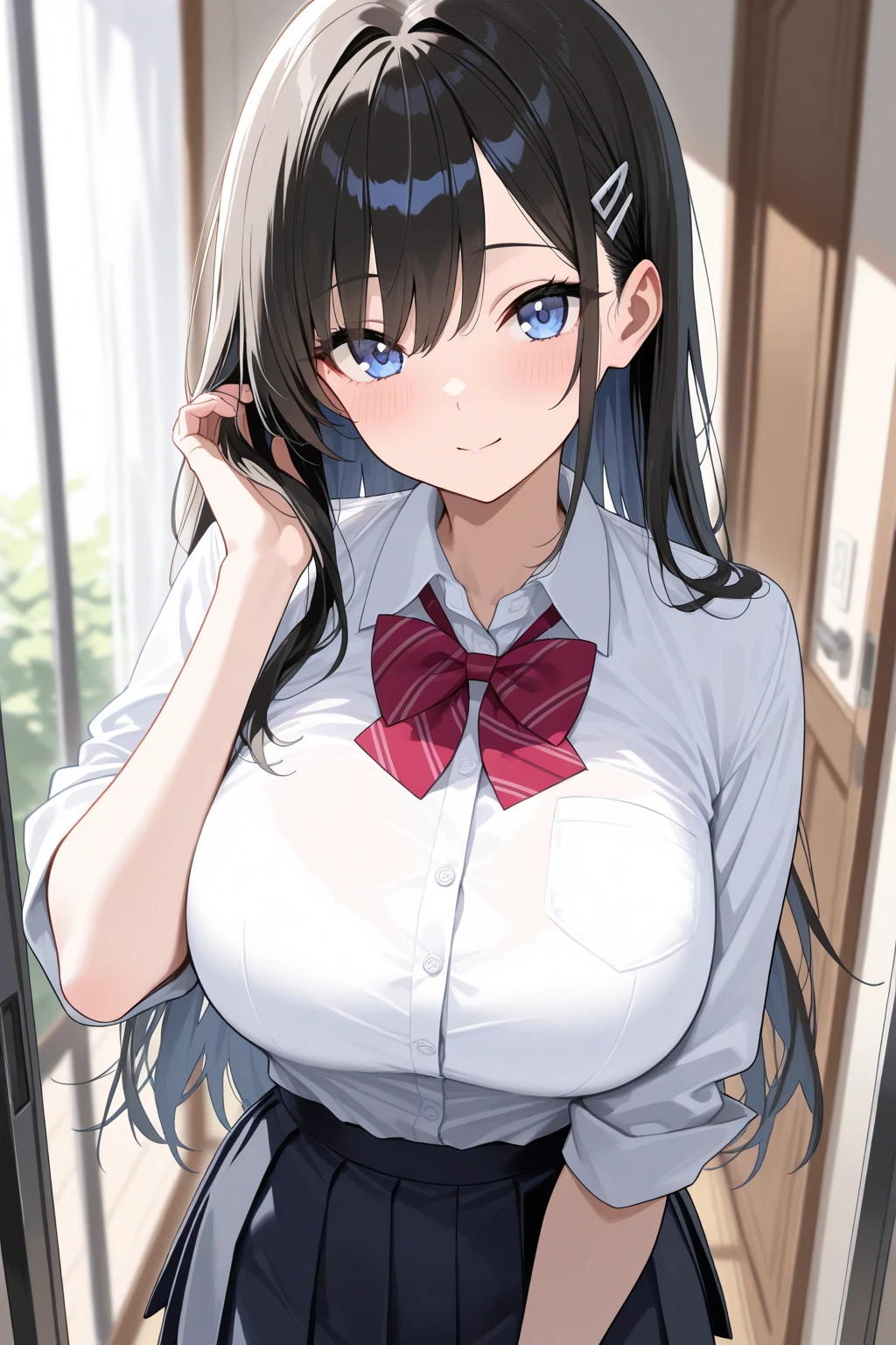 (((32k,High detail,High definition、masterpiece,Attention to detail,Esbian all over body,solo))),RAW Photos & Realistic atmosphere,Beautiful dark blue eyes,Mouth details,Glossy Lips,Fine eyebrows,With soft white skin that shines in every detail、Detailed eyes、,(Wearing a classy uniform in black and red、黒のパンストとSexy脚を身につけて、She is standing upright, shyly lifting her skirt.:1.7), Blue Eyes,Very beautiful eyes,Detailed lips、Very beautiful face,Very well-formed face、A vivid face,Beautiful, shining lips, Realistic Young Gravure Idol, Very beautiful school girl, , 若くてSexyグラビアアイドル, Young Gravure Idol, Beautiful and cute adult16 years old ,My whole body is wet,Dripping,Blushing,Very beautiful, Sexy and classy16 years oldの女の子,(Looking into the camera:1.4),(Sexy,Healthy and toned body,well-shaped chest of medium size,,,Mature Body, I feel anxious and like crying,Watery eyes,Cold Smile,Glare,Glare顔も美しい,High Resolution Arm,,High Resolution Finger,:1.5)