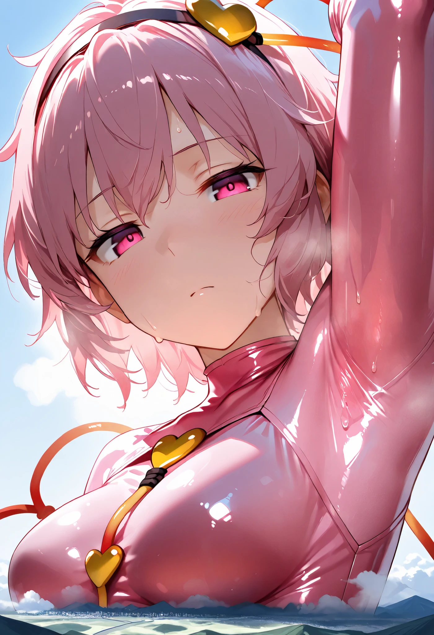 (masterpiece, Highest quality, Ultra-high resolution), 1girl, Komeiji Satori, pink hair, short hair, pink eyes, Headband, (pink latex bodysuit), The clothes fit perfectly, Glossiness, shiny, Sweat, Stuffy, steamy, Glossiness, backlight, glistening skin, Macro, Giantess, Landscape, Aerial Perspective, brainwashed, NSFW, R-18, cool backlight, Pose that shows off her armpit, Raise arm, focus on armpit, close up, looking at viewer, upper body