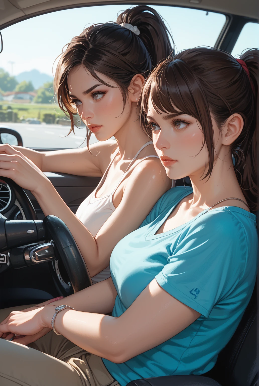 Masterpiece, digital artwork, a gorgeous sexy babe in tanktop and shorts next to a sportscar, shorts unzipped, hot pants, underboob, badass, classic musclecar, dynamic pose, dynamic lighting, shadows, high contrast, bright colors, highly detailed, dynamic volumetric lighting, intricately detailed,art by Jackie Droujko, Thomas w Schaller, Sylvain Sarrailh,