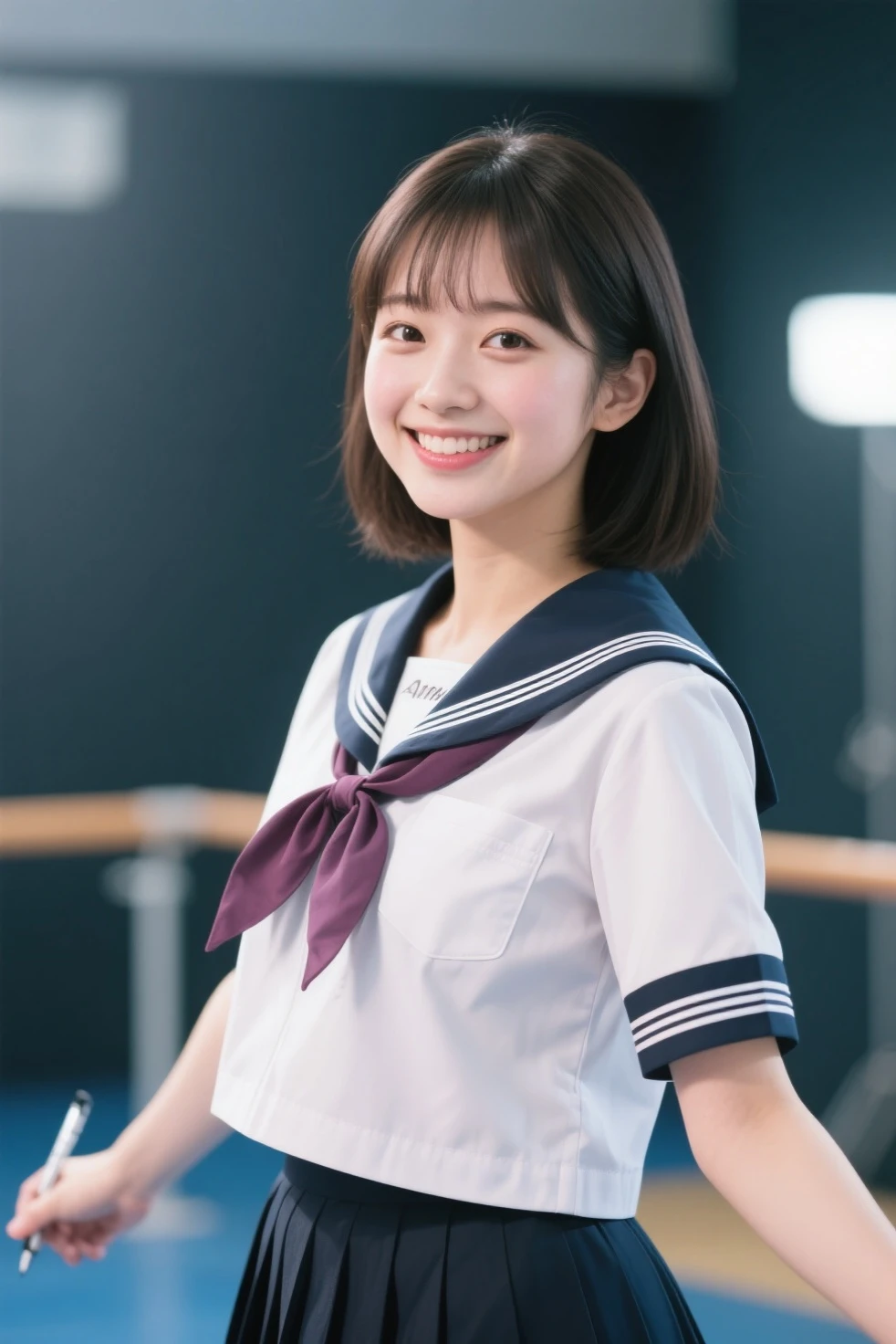 a closeup, ​masterpiece, top-quality, FULL ANATOMY、Raw foto, Photorealsitic、(Cute little face:1.9)、(Very cute smile:1.8)、(with round face:2)、(She looks like an idol and is cute:1.7), (A dark-haired)、(cute school uniform:1.7), depth of fields, hight resolution, ultra-detailliert, finely detail, ighly detailed, extremely detailed eye and face, Realistic pupils, foco nítido, Cinematic lighting、18-year-old woman、(One lady、Only one person、独奏、without background:1.9)、 (short-hair、short-haired:1.4)、Very detailed 8k wallpaper、Show me your whole body、Looking at the camera、(Too short plaid pleated skirt、I can see the white panties、Plump panties、Lift the hem of the skirt with both hands、Showing her panties to the camera:1.7）、(White short socks:1.4)、Angle from below、(Thigh close-up:1.6)、(Nice figure、big breasts thin waist)、(Clothes with emphasized chest bulge、Colossal tits:1.6)、Background depth of field