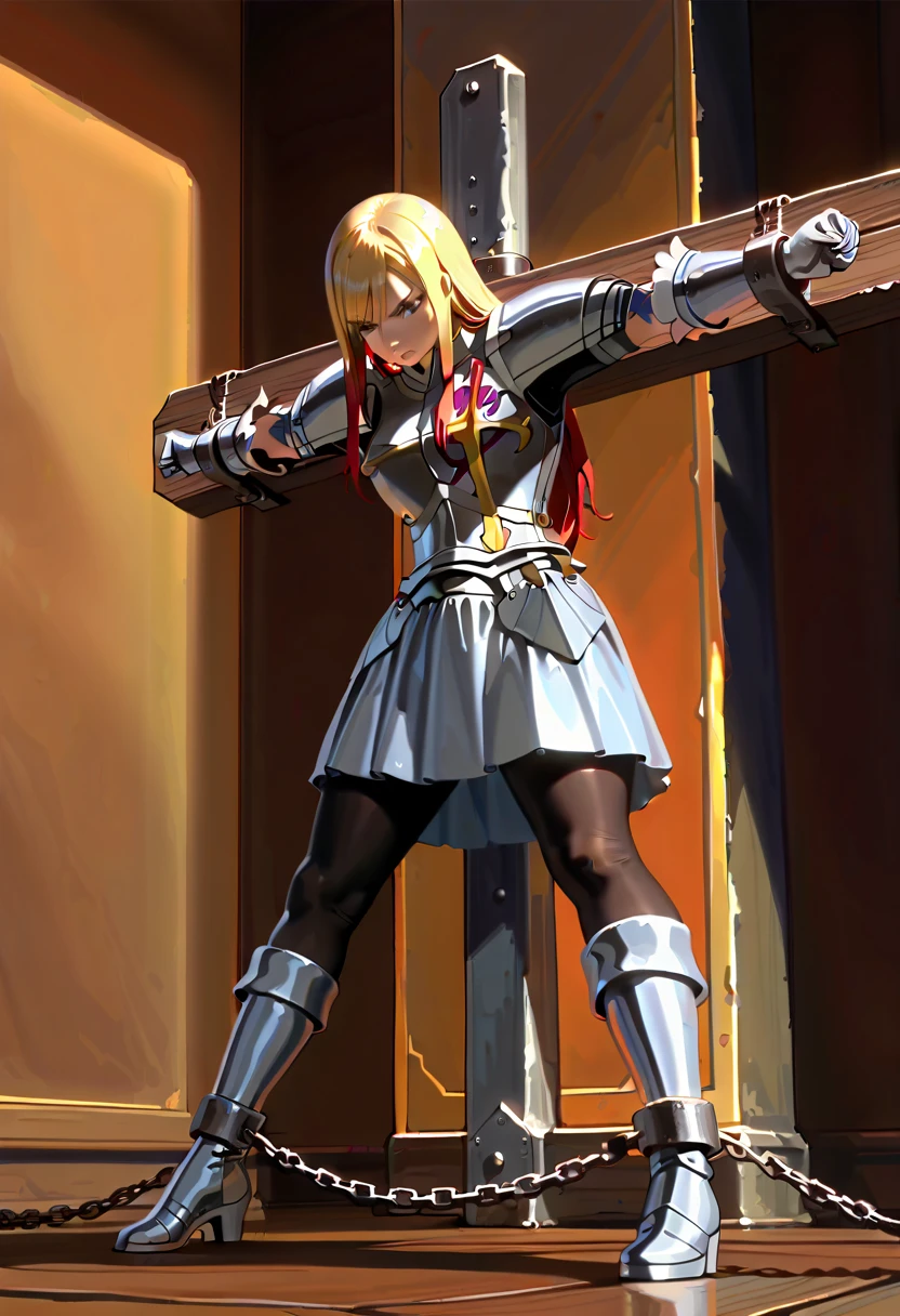 masterpiece, Highest quality, 1 person,( Large Breasts,Are standing, View your viewers,),Detailed Background、A person who writes in detail、Accurate human body、Knowledgeable person、Accurate 5 fingers,Mature Woman,Thighsが太い,Curvy Body,Cyclone \(Just once\),Thighs、alone,((All Samus, Blonde, Blue crop top, Blue Dolphin Shorts, Exposing shoulders, abdomen,)),((Absolute area)),flesh armor,,((1girl is spread arms up, spread legs folded,completely nude,restrained arms,restrained legs)),chain,Height difference,(girl equip), girl is fold the legs restrained, (Girl Armor Restraint Crucifixion)