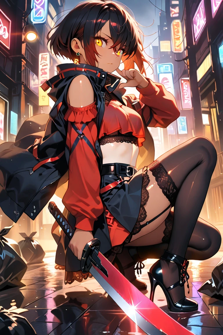 girl, Black short hair red eyes, Cat ears,