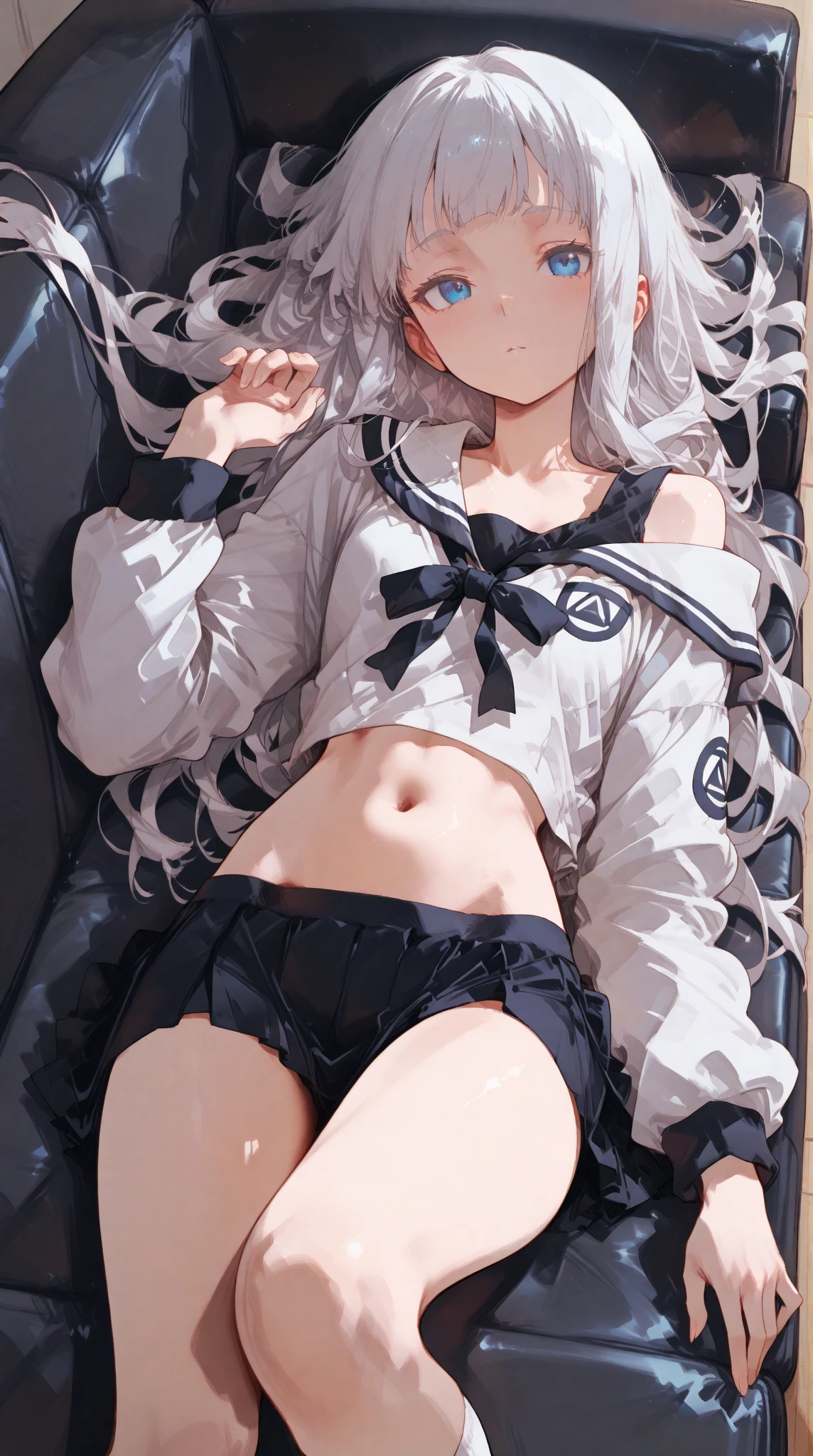 nsfw,1 girl, masterpiece, highest quality,upper body,nikkeadmi,(short stature),(flat chest), alone, (white panty:1.5),pleated skirt, plaid, silver hair,middle hair,hair ornaments, bow tie, sweater vest, (white Jacket), gray sweater, yellow bow tie, small breasts, Backpack, white socks, long sleeve,open mouth, embarrassed ,blush,(spread legs:1.3),(legs up),(cameltoe:1.3),