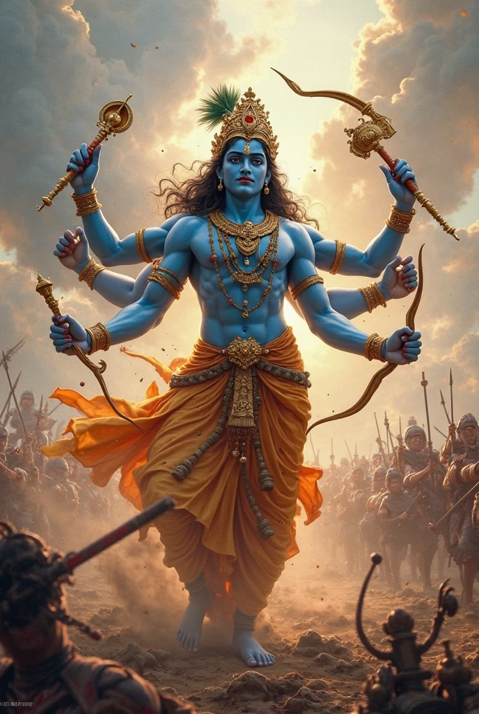Lord krishna with world war battles, ukraine-israel war, hunger, nuclear explosion in the background 
