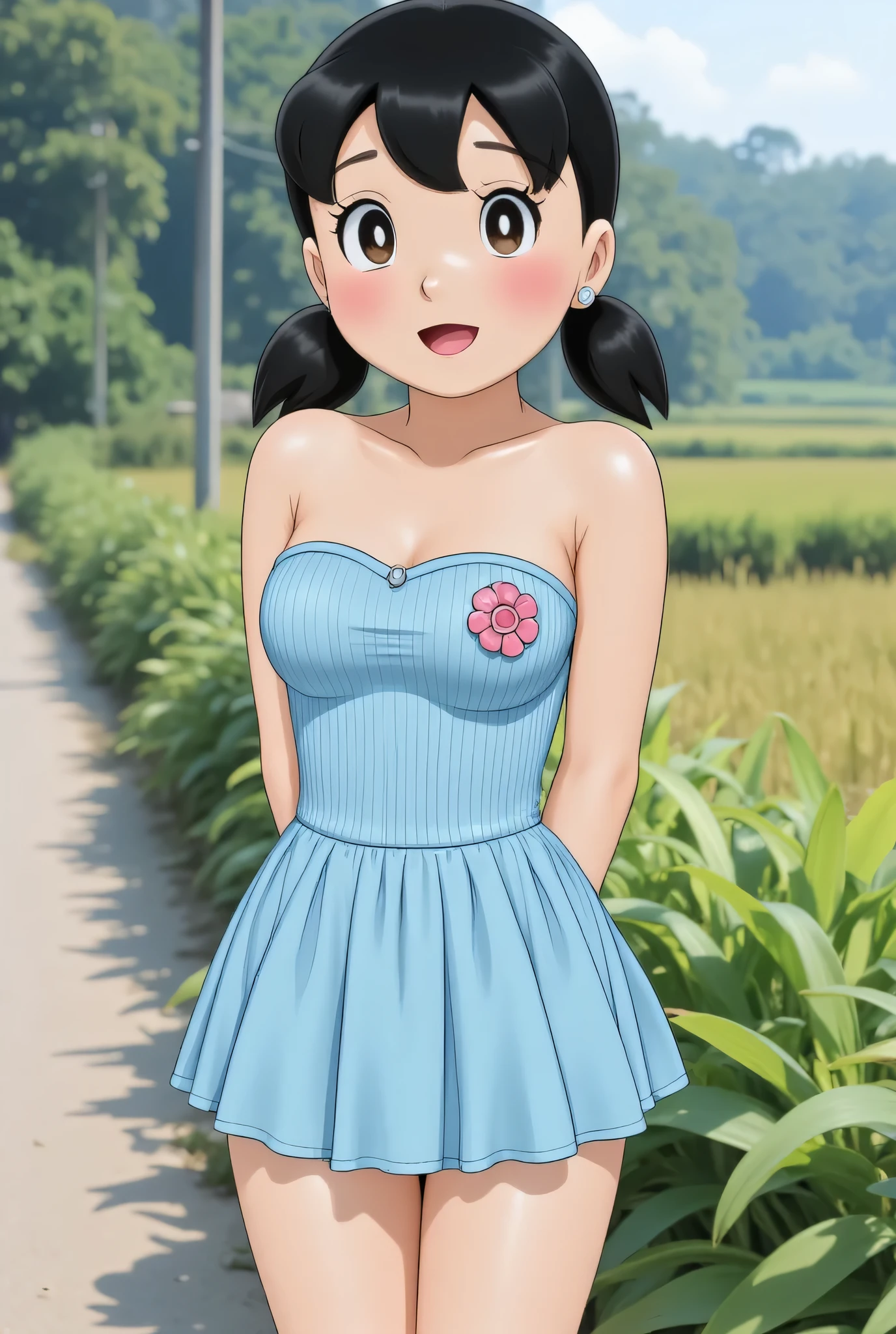 Visible female panties, front posing, ("Facial expression in Happy big Orgasm"), Both hands lying behind the back, (photorealistic:1.6) background rice paddy. daytime atmosphere, (((please don't showing any finger!!!))), (BARING DIATAS TIGA HUGE TEDDY BEAR)), hands behind back, Look from the front you are stupid!, wearing Fully transparent light blue pleated print unbuttoned corduroy tight strapless dress. (blink pink eyeshadow & pink eyeliner) PLEASE DON'T PUT ANYTHING ROPE AT MY CLOTHES!!!. BOTH HANDS PLACED BEHIND THE BACK , SILFOE PHOTO. BIMBO LIPS, black hair bang style long straight and transparent pussy. 老人が後ろから私の胸を抱きしめた?