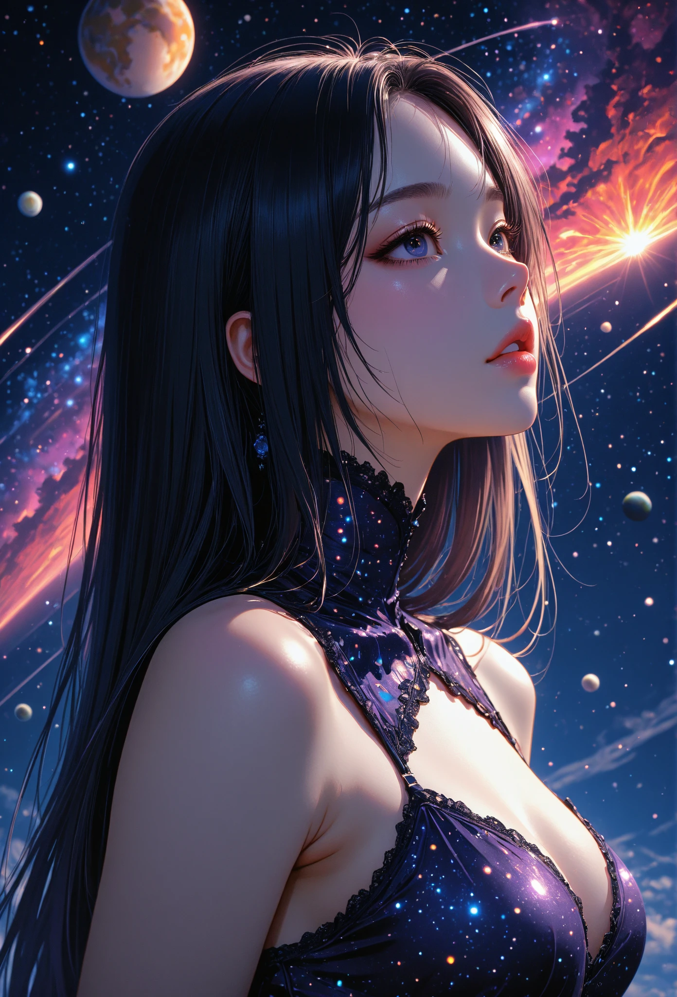 1girll,(enchanced quality:1.4),(Top quality true texture skin), Delicate face,Black hair, Gradient hair, Petite body,(perfect bodies:1.1), There are precious stones on the forehead, rimless eyewears, Sparkling pupils,long eyelasher,grin, hyper photorealism, Cinematic lighting, projected inset, surrealism, hyper HD, Masterpiece, 16k,Lie down,dream on,Wear transparent silk pajamas,Carmelto,Legs slightly open,Tattooed with,Fantasy space,Luxurious space