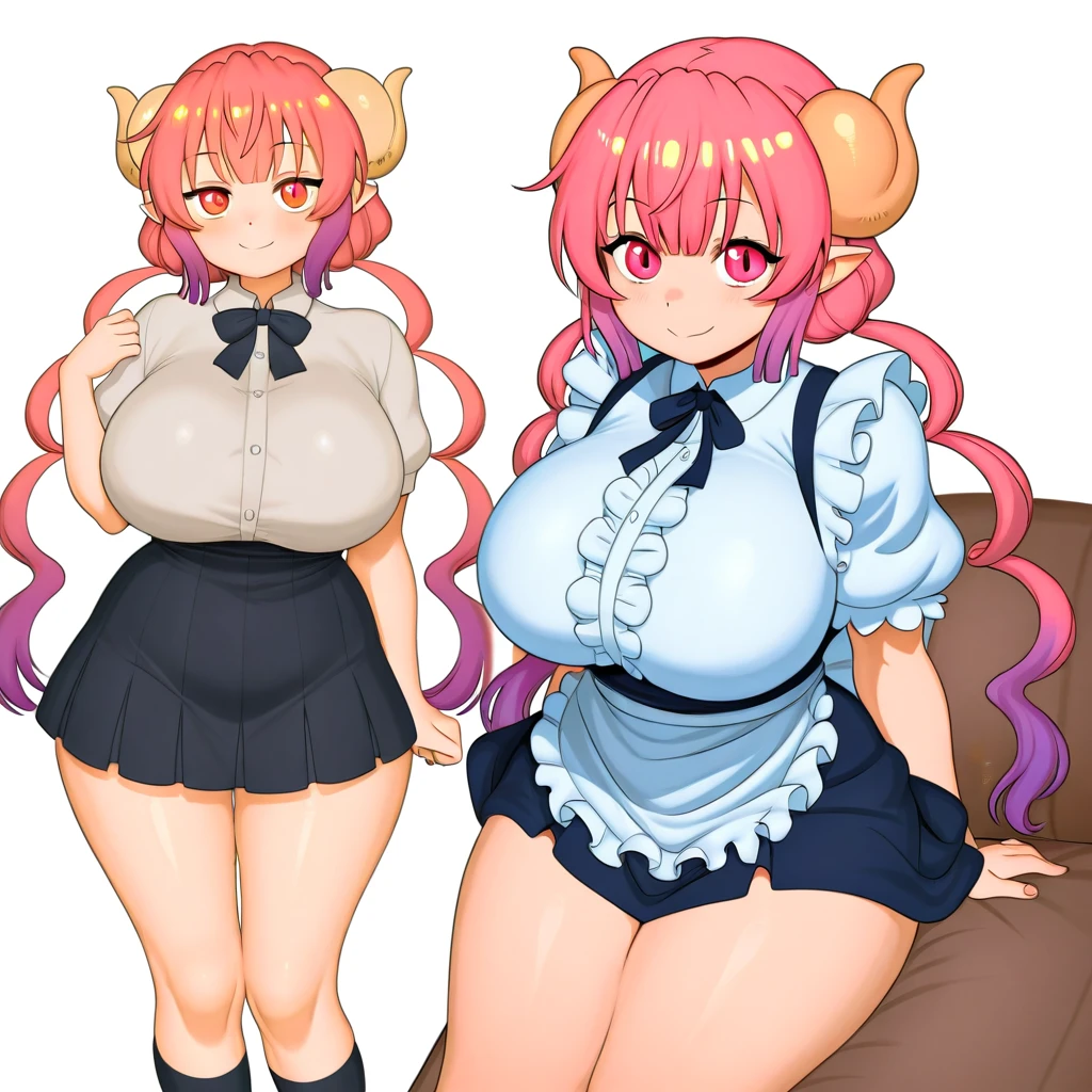 same thing (Maid Dragon)、White Hair、、Pleated skirt、Dragon Horn、Low twin tails、Highest quality、detailed,(tights),(panties),(detailedな目),(Bursting Busty:1.3),(Plump body),(Thick legs),(Open your mouth),blush,(Sit down and spread your legs),(steam),(On the bed),Sunlight pours in through the window,(????? nipples),(Lift up the skirt)
