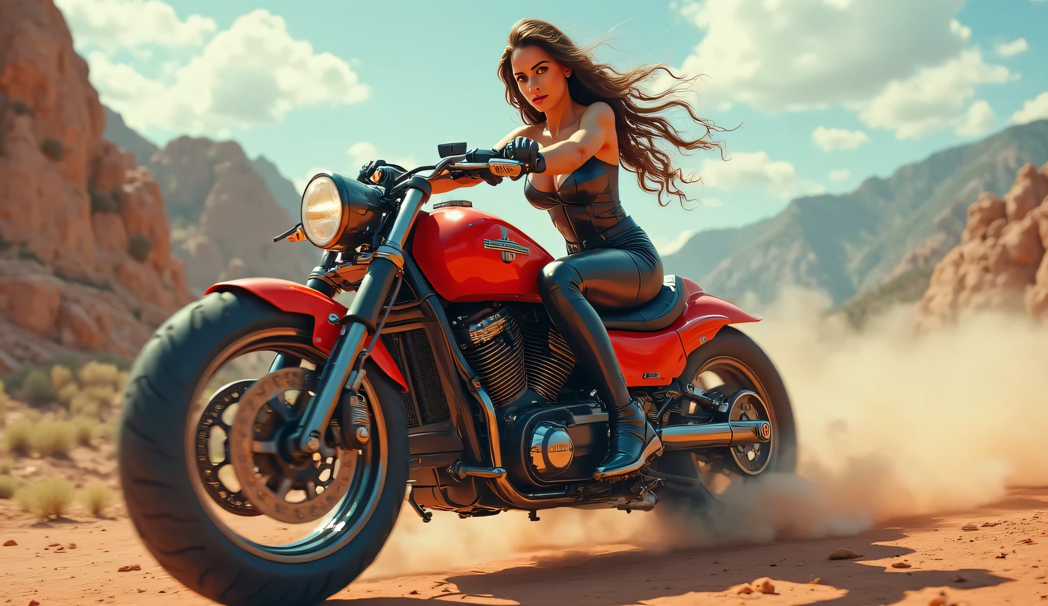 (Setting Holocaust Badlands (road warrior theme)) A bandit woman (Sofia Vergara, 25, scrap metal armor, sexy torn fishnet body stocking, tattoos) is riding a wasteland tank motorcycle (the front wheel is broad made of steel and has several spikes, big engine, smoke and fire exhaust, bone trim over metal frame, spikes, the rear wheel is an enormous tank tread, A cannon turret rises behind the driver, the handle bars have metal shielding to protect the driver from enemy bullets, many spotlights adorn the bike), Sofia is driving and pointing the cannon at the viewer (the vehicle she is chasing), cinematic quality, HD, action, adventure
