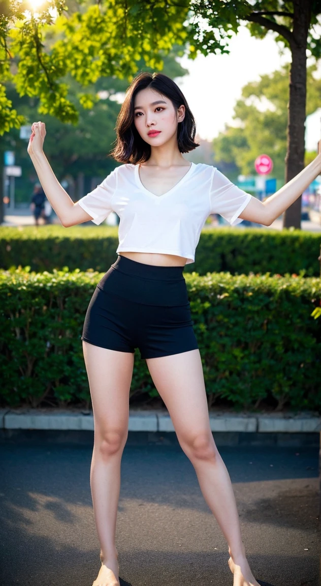 full body shot, 1girl, skinny, thigh gap, high ponytail, (wearing spandex crop top, high waist shorts, white sneakers), looking at viewer, going on a hike, beautiful hiking trail, intricate scenery, (Style-DoF:1.2),
BREAK
best quality, masterpiece:1.2), (realistic, photo realistic:1.2), highres,  extremely detailed CG unity 8k wallpaper, (real skin texture, detailed skin),