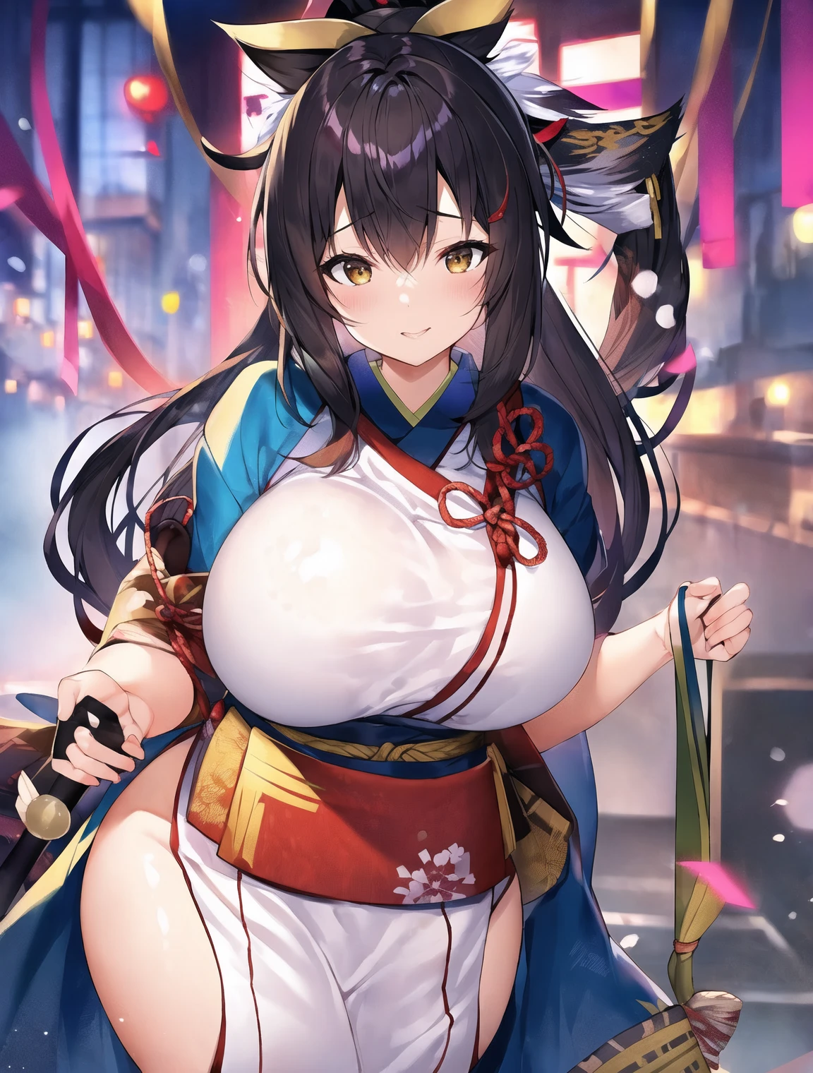 (Fluffy anthro furry:1.1), women, (furry cat), (cat ears), (closed smile), (tongue out), (thin kemono:1.1), (kimono), (kanzashi), (japanese clothes), (hair bell:1.1), (twintails), (two-tone hair:1.2), atmospheric perspective, (round breasts), (bubble butt), (wide hips:1.1), (slim waist:1.1), (thick thighs:1.1), (detailed face and eyes:1.2), (amazing background), (shrine), (cherry blossoms), forest, (multicolored hair:1.2), (different-colored pupils:1.1), sexy clothing, (showing legs and collarbone), (detailed hand and finger:1.2), (medium breasts:1.2), (busty), (deep cleavage:1.2), (labia outline:1.3), (hard teat:1.3).