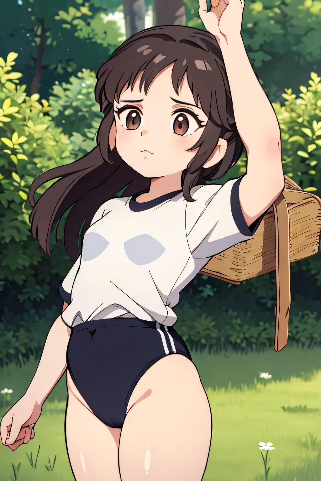 (masterpiece, highest quality), 1 girl, beautiful face, beautiful body, wearing a Black gymnastics bloomers, High leg、white blouse, cowboy shot、Are standing、full body portrait、alone, complex details, enlarged textures, complex details, finely detailed eyes and detailed face, intricate details, (closed mouth), perfect eyes, equal eyes, perfect body, extremely detailed, (), extremely realistic 3d,In a dark forest、cap,long violate hair,Grass