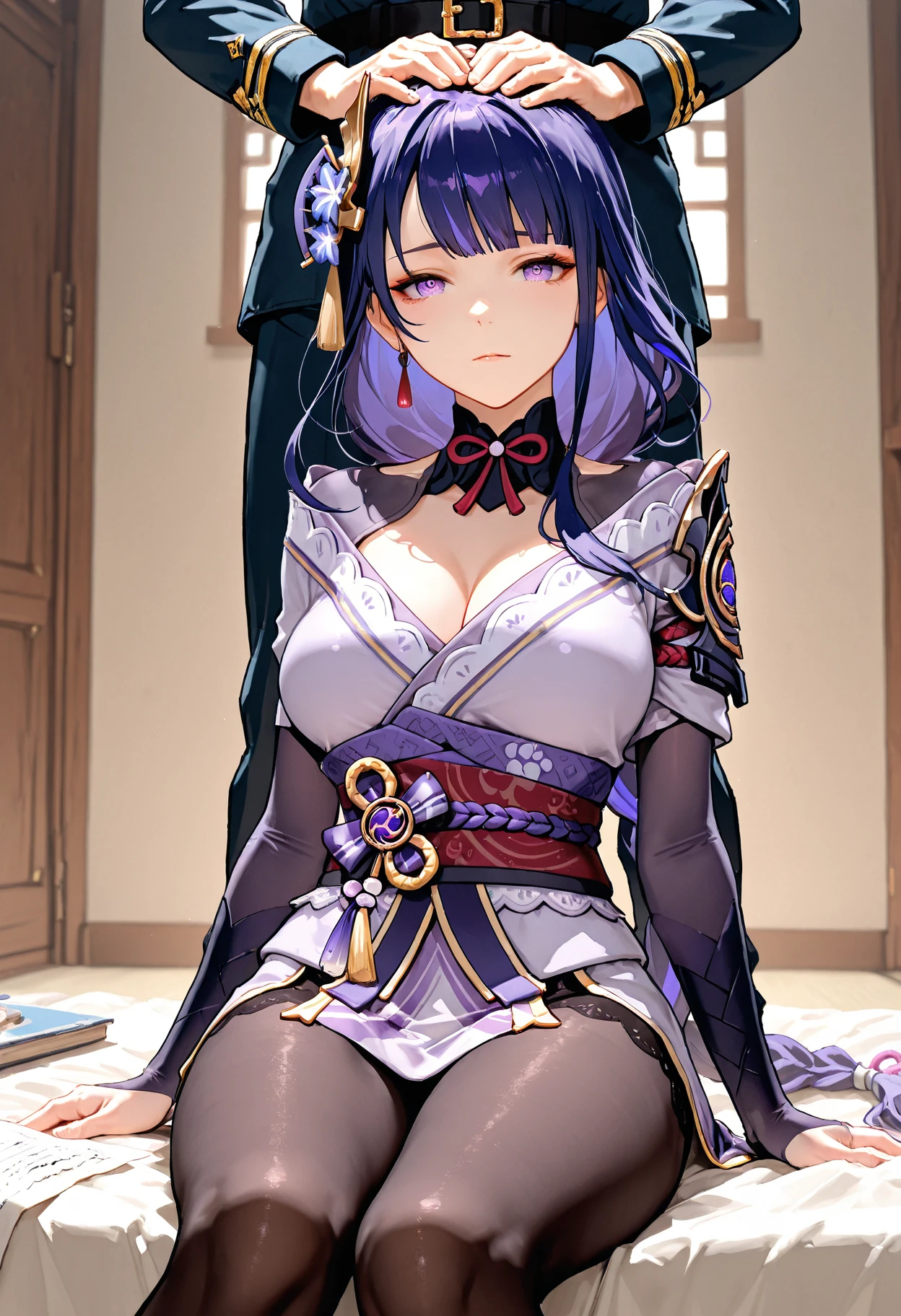 realistic, 1girl, w1 girl, Genshin Impact, Raiden Shogun, Perfect Hands best quality, expressive eyes, perfect face, upper Big body, full body, smile, blush, wearing wedding dress, day, simple background, Sitting on Sofa, looking , Bright sky, looking at viewer, stairs, moody lighting,