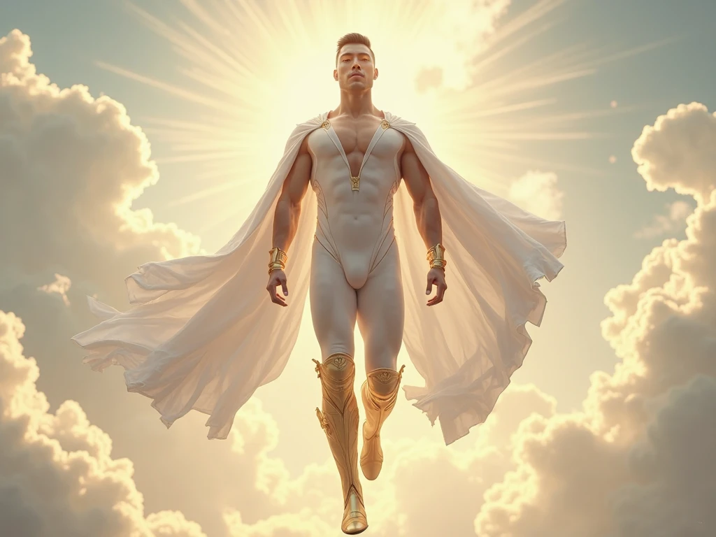 A muscular Korean man is in a wonderland, 20yo, Lleva un rico blanco como la nieve (capa de piel en hombros y espalda) con una pila muy larga, bajo el cual se ve su cuerpo extremadamente musculoso, The emphasis is on the male body. Sobre su cabeza hay un halo rodeado por una nube blanca y una luz sagrada dorada, (Its body is adorned with gold chains with precious stones, Anillos para los dedos), (A heavy belt with a band of gold underwear with sparkling gemstones). Entrepierna voluptuosa. Tiene el pelo corto y negro con las sienes afeitadas y grandes ojos verdes expresivos. Un reloj marca a lo lejos. This scene looks like something out of the realm of fantasy or legend seen from above