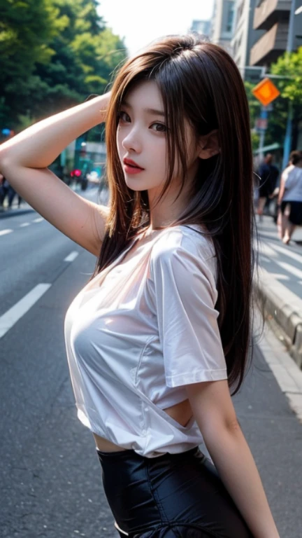 女の子1人、on tokyo street、natta、A city scape、city light、full body Esbian、A smile、、(8K、Raw photography、top-quality、masterpiece:1.2)、(realisitic、photoRealstic:1.37)、A detailed eye、Detailed lashes、White tube top with leather jacket、denim hot-pants、Colossal tits、Fine skin, (Beautiful hair), (Perfect Anatomy), (Realistic), (Dynamic Angle), Pose Seductive,Perfect,Sensual look、top-quality、hight resolution、