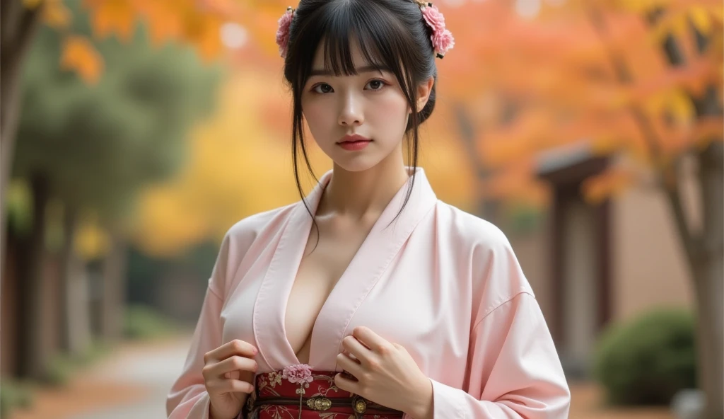 Beautiful woman、Japanese tradition、(Very large breasts)、kimono、Spectacular views、Suspicious atmosphere、Cinematic atmosphere、(best quality,4K,8K,highres,masterpiece:1.2),ultra-detailed,(realistic,photorealistic,photo-realistic:1.37)、Dim lighting、whole body、forest、forest、Dim lighting、(looking at viewer),Realistic、Like live action、Cinematic film