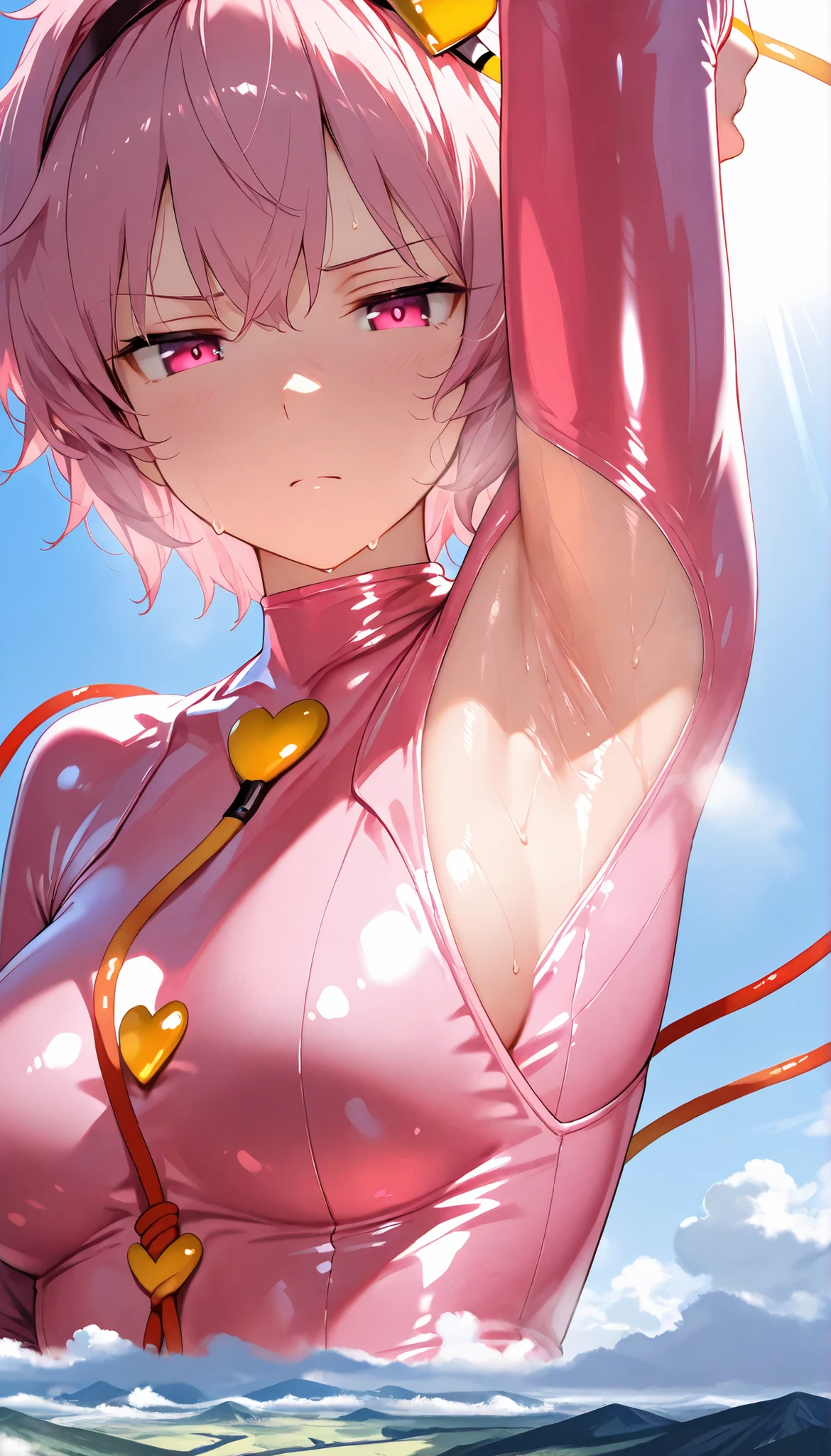 (masterpiece, Highest quality, Ultra-high resolution), 1girl, Komeiji Satori, pink hair, short hair, pink eyes, Headband, (pink latex bodysuit), The clothes fit perfectly, Glossiness, shiny, Sweat, Stuffy, steamy, Glossiness, backlight, glistening skin, Macro, Giantess, Landscape, Aerial Perspective, brainwashed, NSFW, R-18, cool backlight, Pose that shows off her armpit, Raise arm, focus on armpit, close up, looking at viewer, upper body